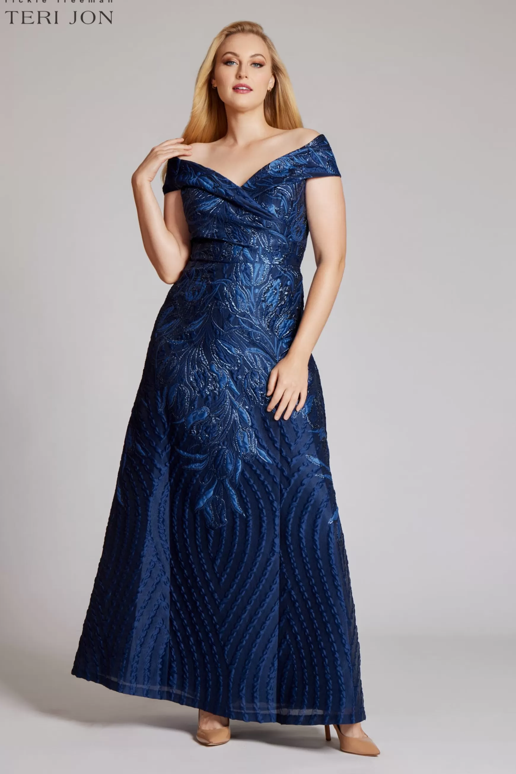 Plus Size Dresses*Teri Jon Off Shoulder Textured Metallic Jacquard Gown gold | navy | seafoam