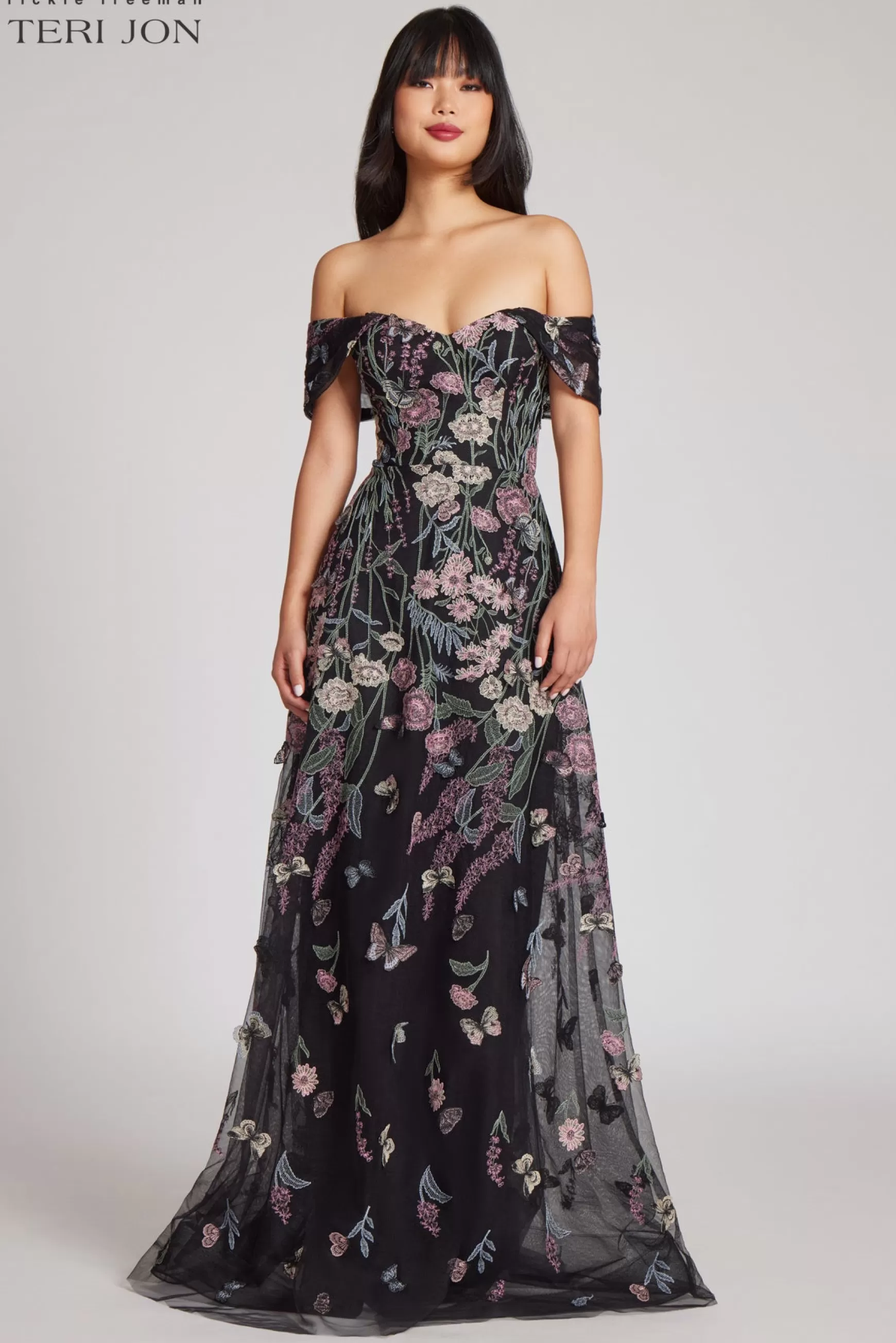 Evening & Formal Gowns*Teri Jon Off The Shoulder Embroidered Tulle Gown Black Multi