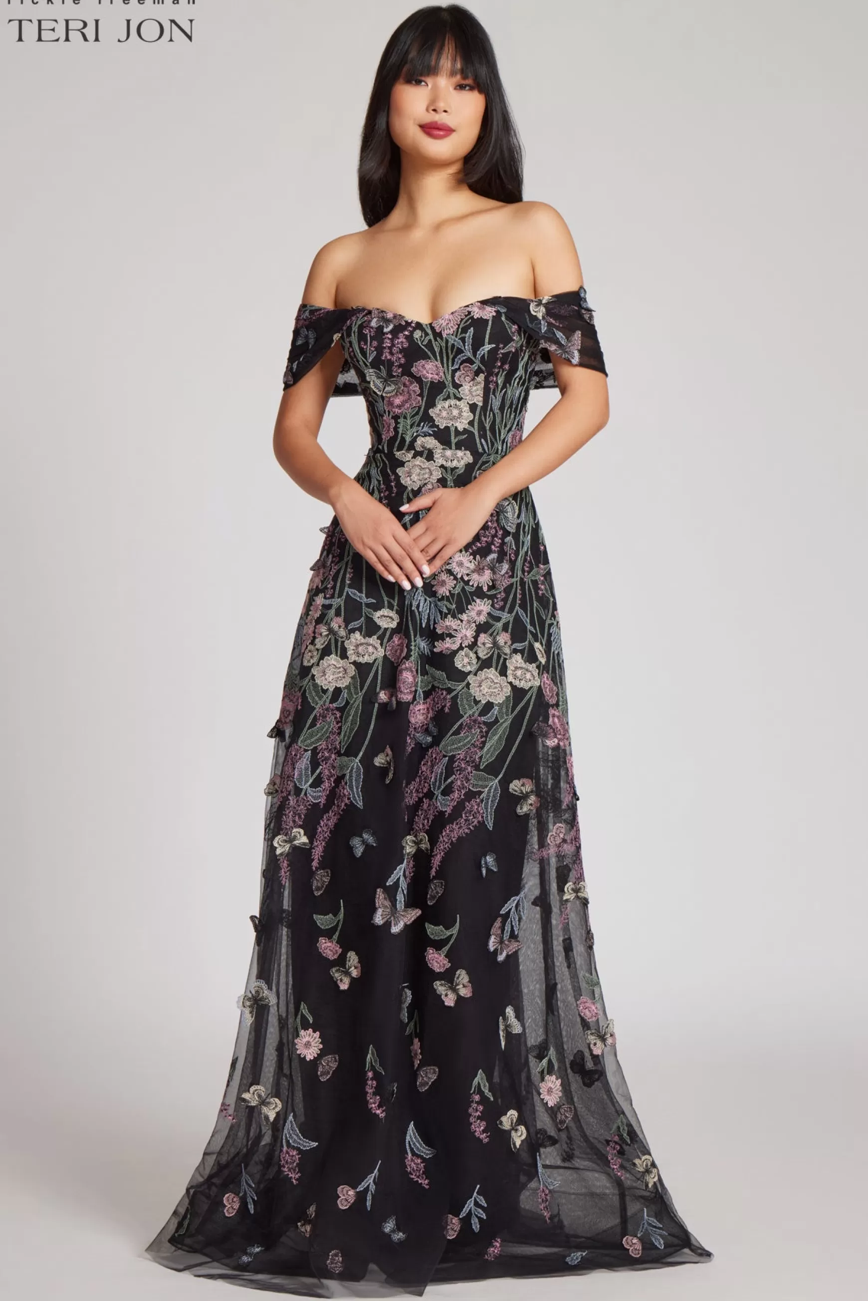 Evening & Formal Gowns*Teri Jon Off The Shoulder Embroidered Tulle Gown Black Multi