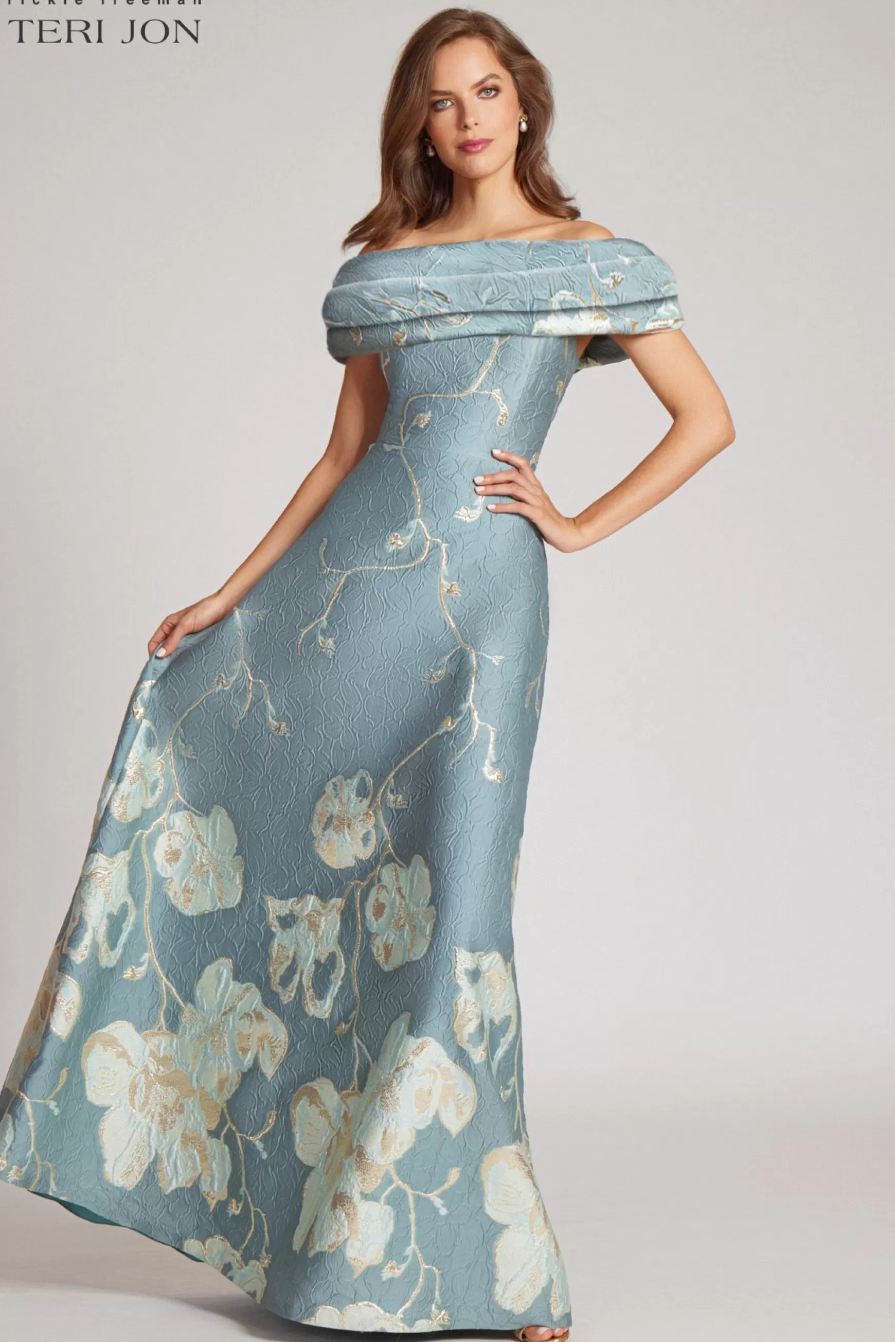 Coming Soon | Evening & Formal Gowns*Teri Jon Off The Shoulder Floral Border Gown Sage Multi