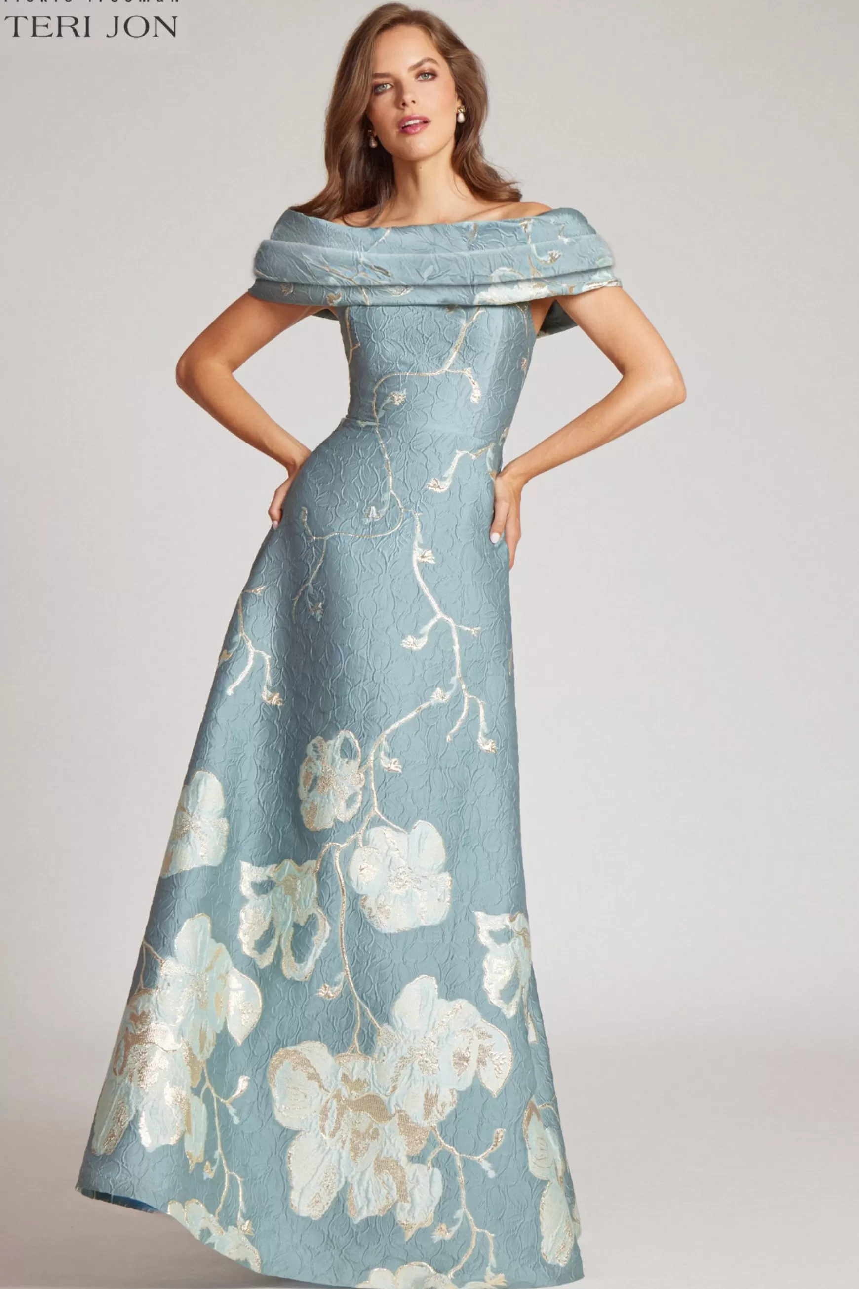 Coming Soon | Evening & Formal Gowns*Teri Jon Off The Shoulder Floral Border Gown Sage Multi