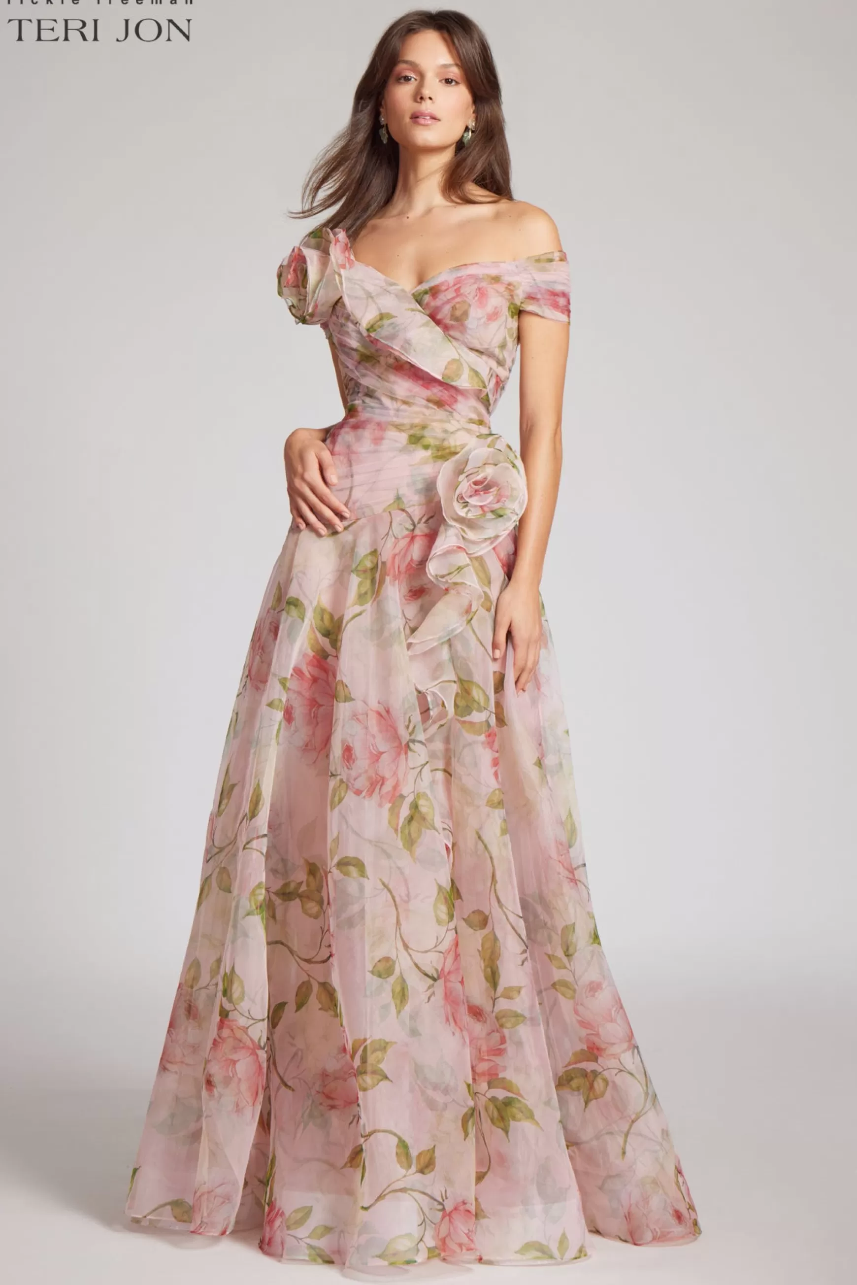 Coming Soon | Evening & Formal Gowns*Teri Jon Off The Shoulder Organza Floral Gown Blush Multi