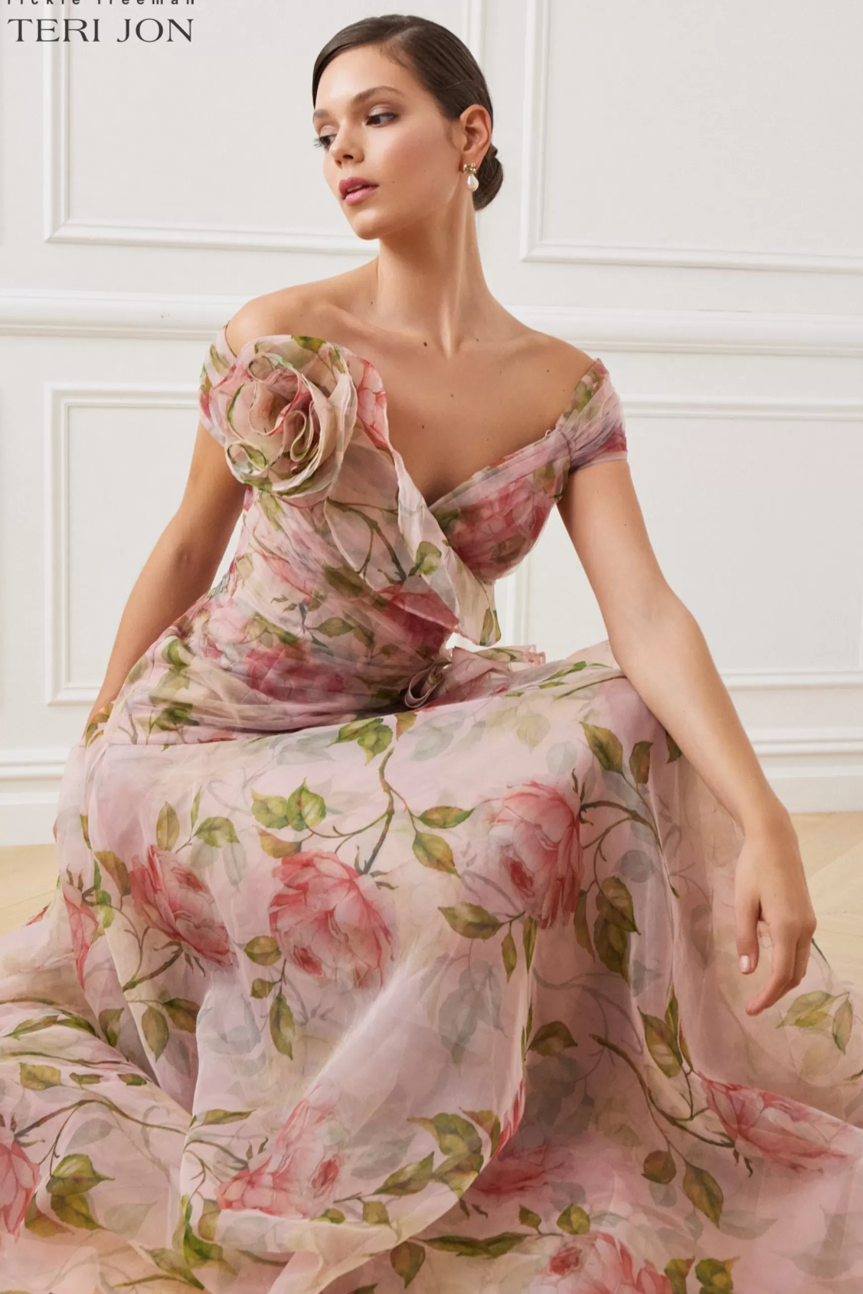 Coming Soon | Evening & Formal Gowns*Teri Jon Off The Shoulder Organza Floral Gown Blush Multi