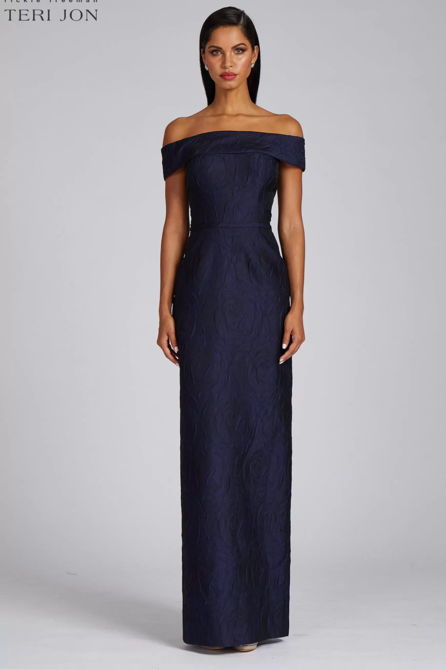 Plus Size Dresses | Evening & Formal Gowns*Teri Jon Off-the-Shoulder Jacquard Gown slate | navy