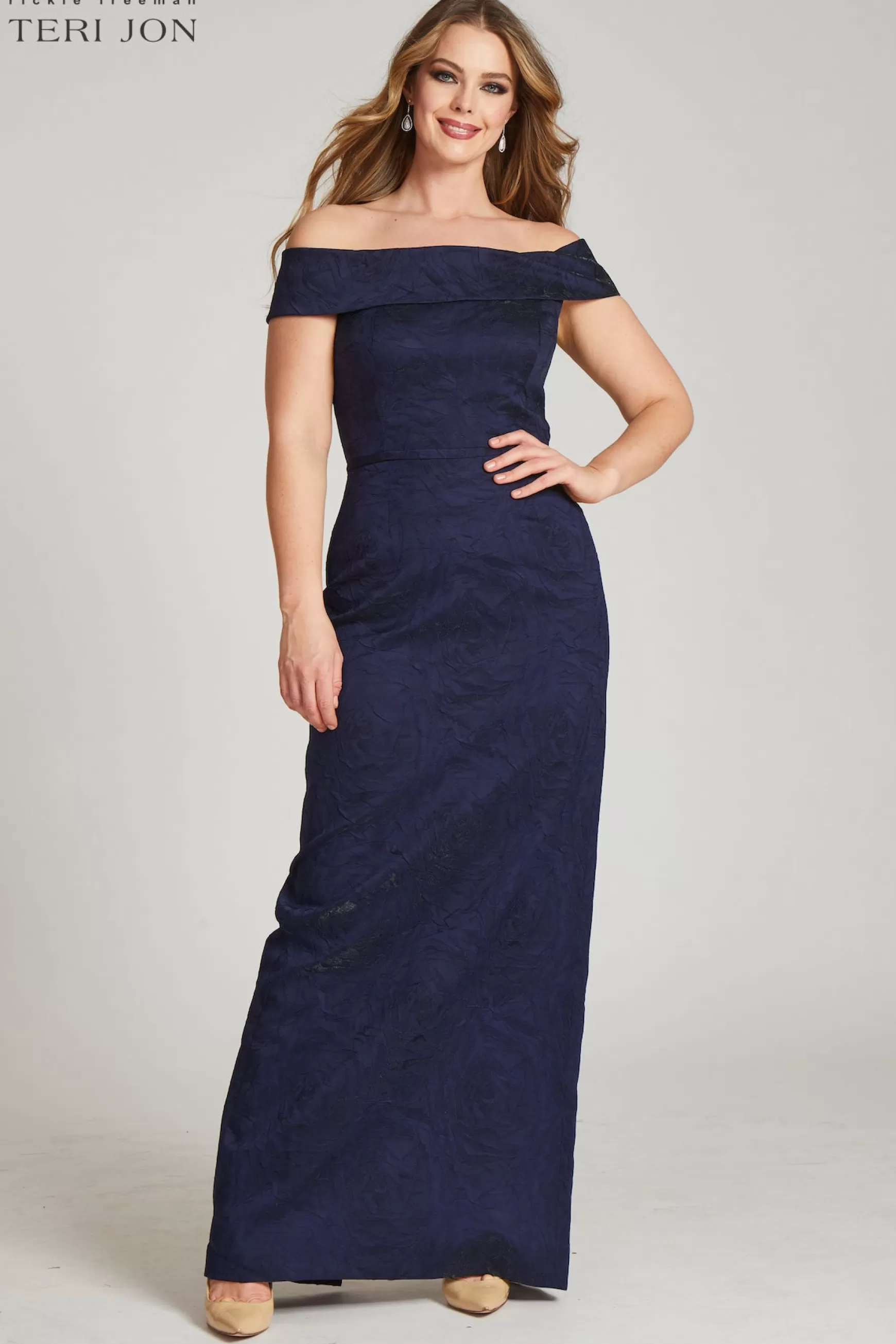 Plus Size Dresses | Evening & Formal Gowns*Teri Jon Off-the-Shoulder Jacquard Gown slate | navy