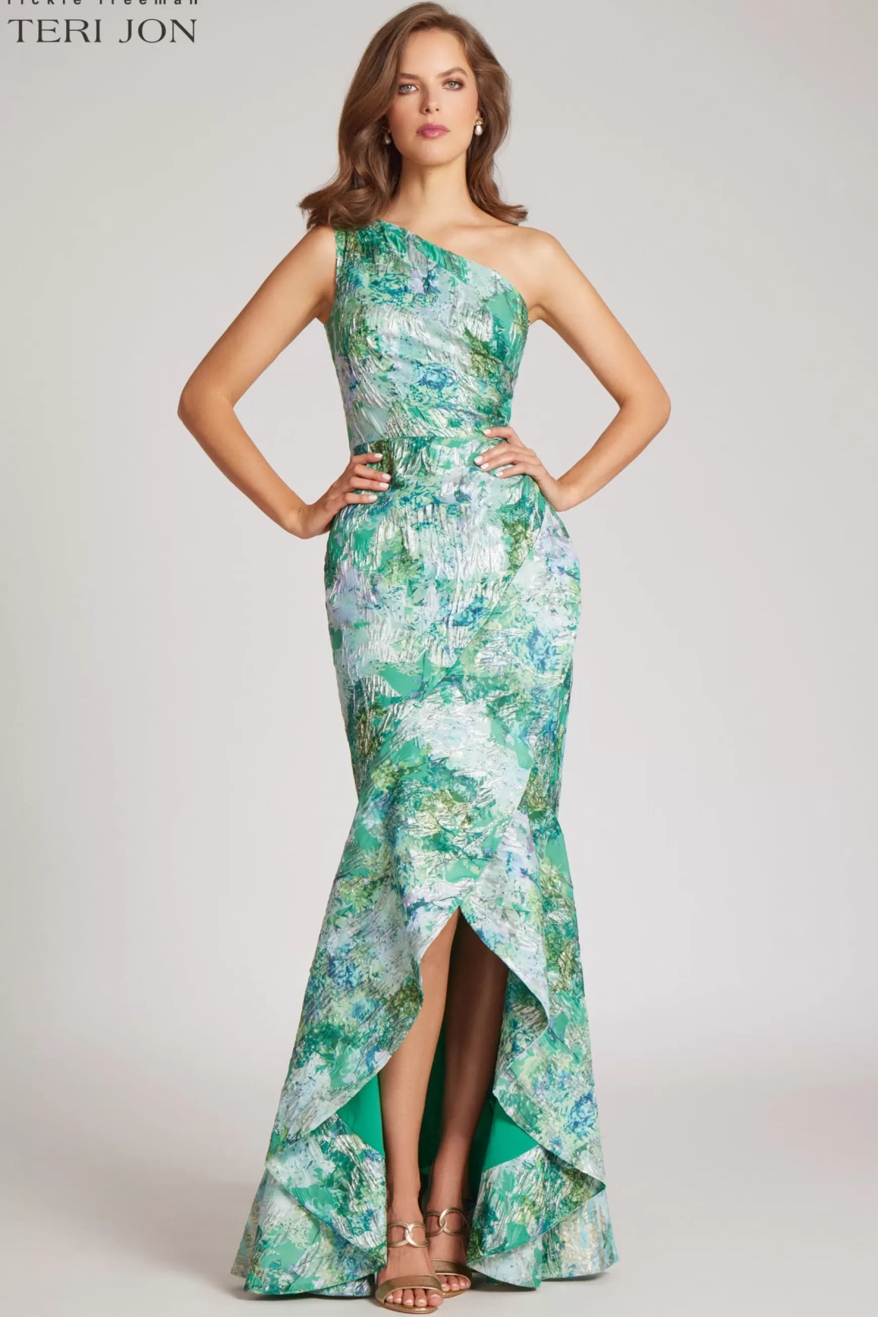 Evening & Formal Gowns*Teri Jon One Shoulder Jacquard Front Slit Gown Green Multi