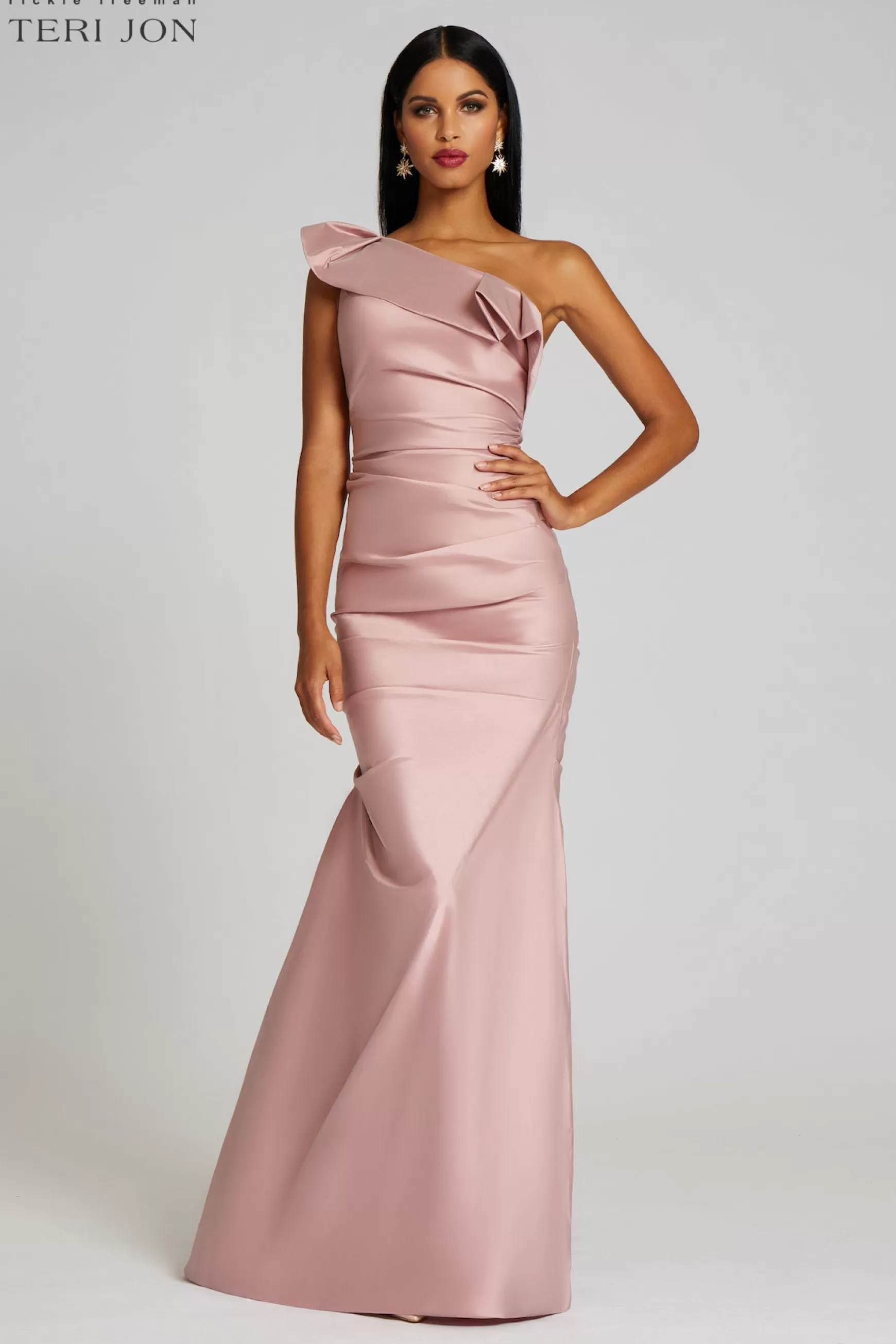 Plus Size Dresses | Evening & Formal Gowns*Teri Jon One Shoulder Pleat Draped Stretch Taffeta Gown blush | navy | bronze