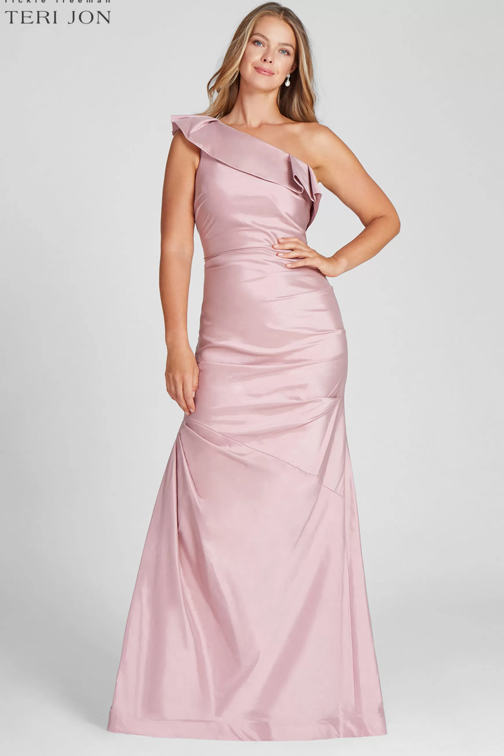 Plus Size Dresses | Evening & Formal Gowns*Teri Jon One Shoulder Pleat Draped Stretch Taffeta Gown blush | navy | bronze