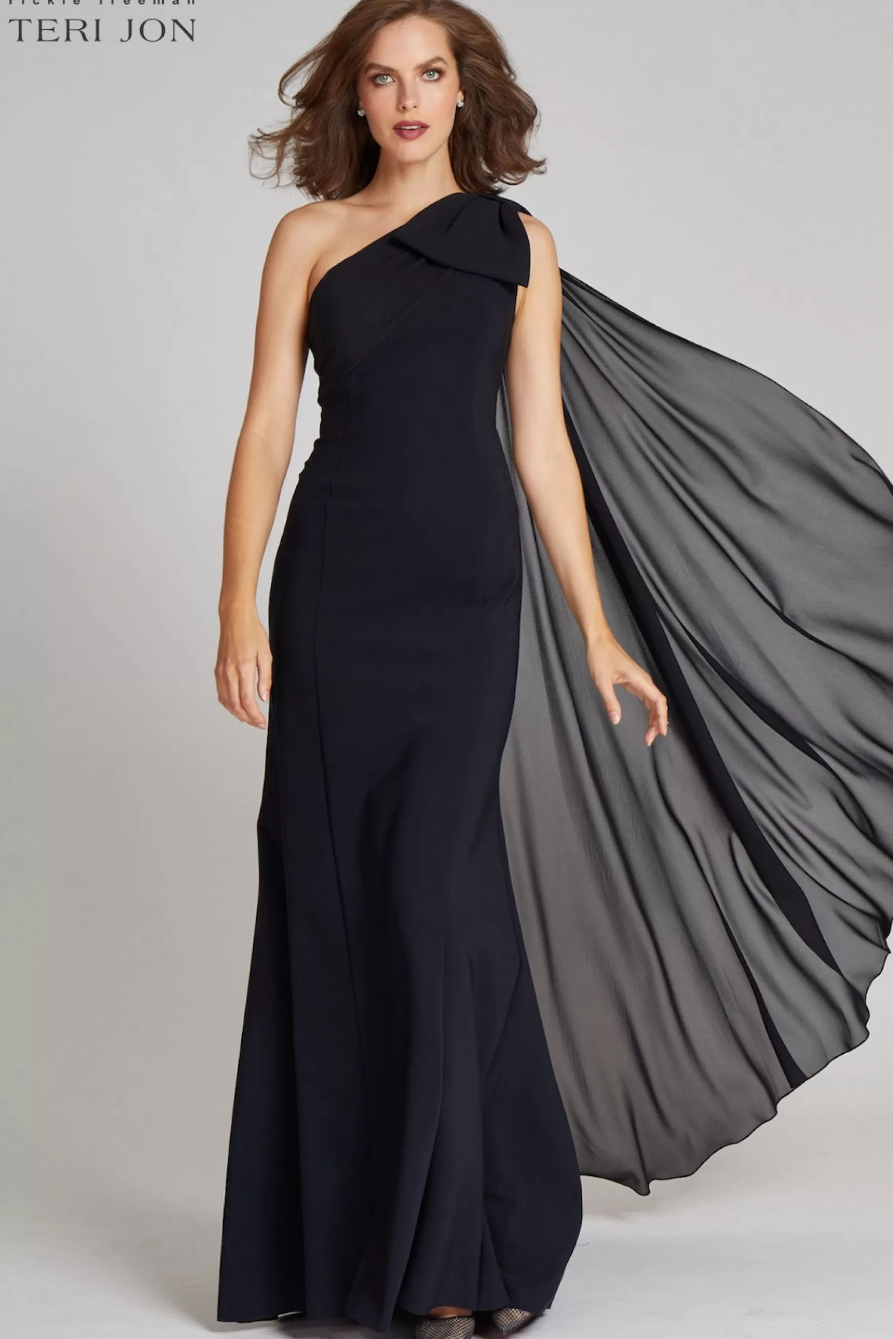 Plus Size Dresses | Evening & Formal Gowns*Teri Jon One Shoulder Scuba Gown With Chiffon Cape black | navy