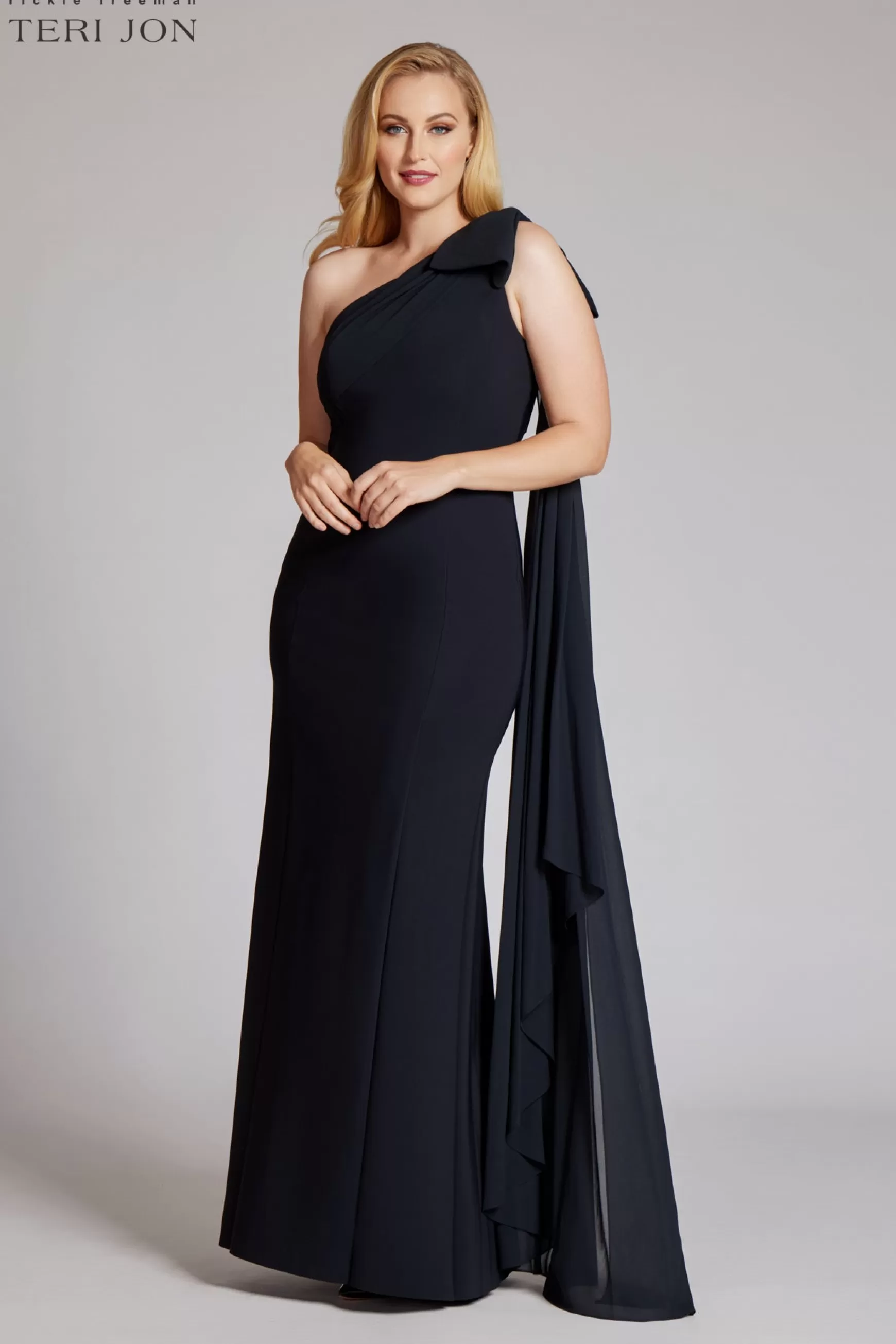 Plus Size Dresses | Evening & Formal Gowns*Teri Jon One Shoulder Scuba Gown With Chiffon Cape black | navy