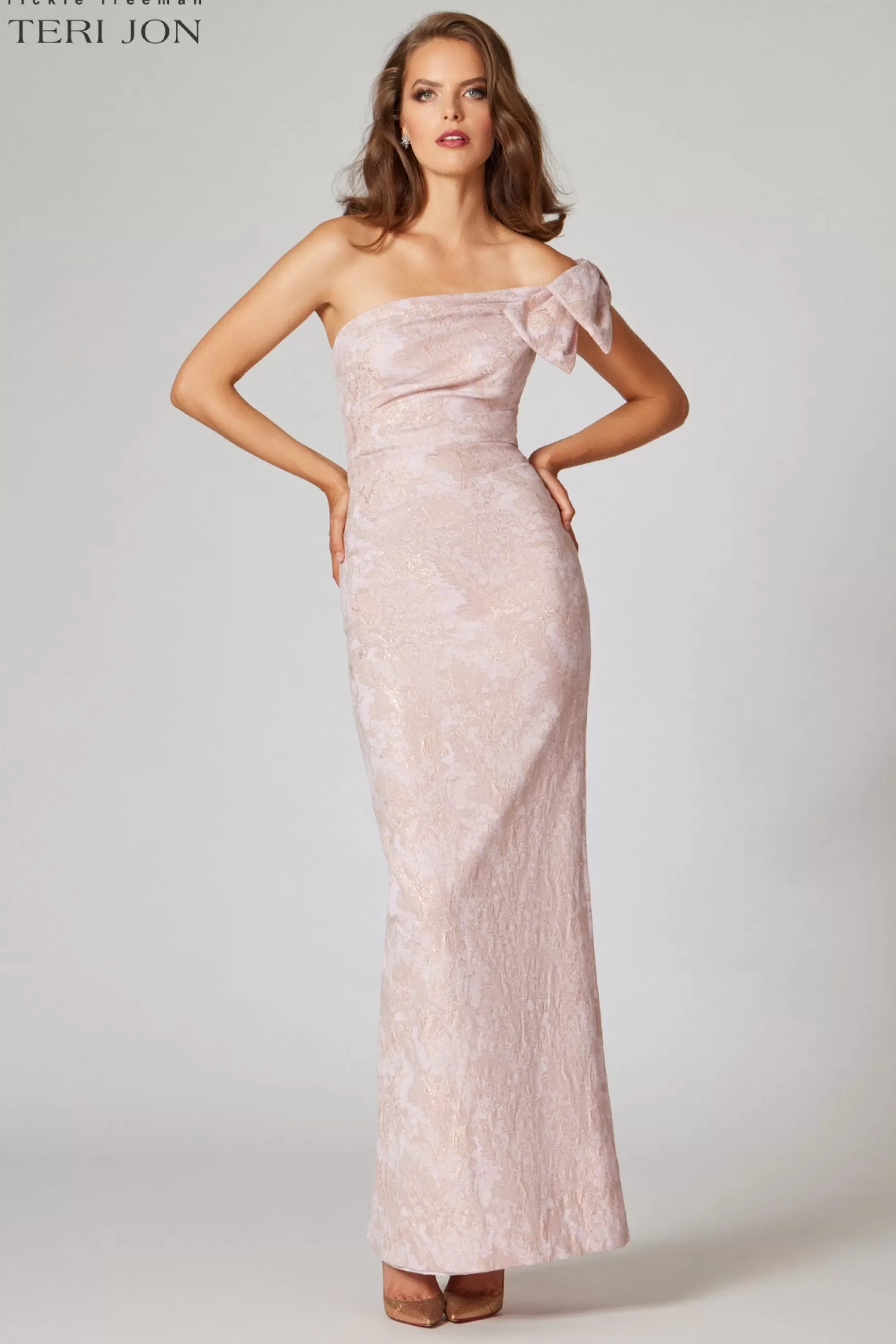 Evening & Formal Gowns*Teri Jon One Shoulder With Bow Trim Side Draped Gown Pink Gold