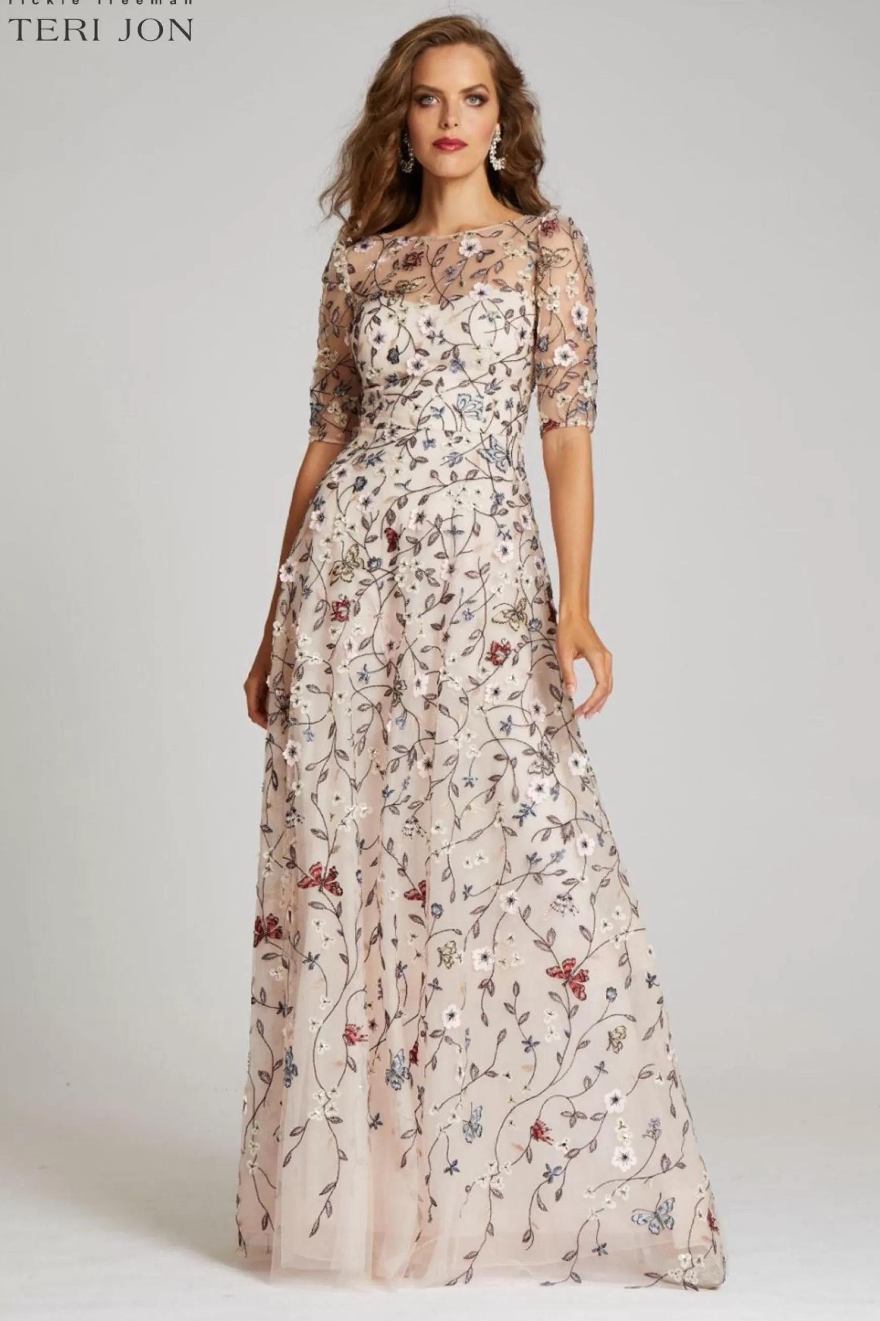 Plus Size Dresses | Evening & Formal Gowns*Teri Jon Overlay Gown With 3D Embroidered Florals blush-multi | navy-multi