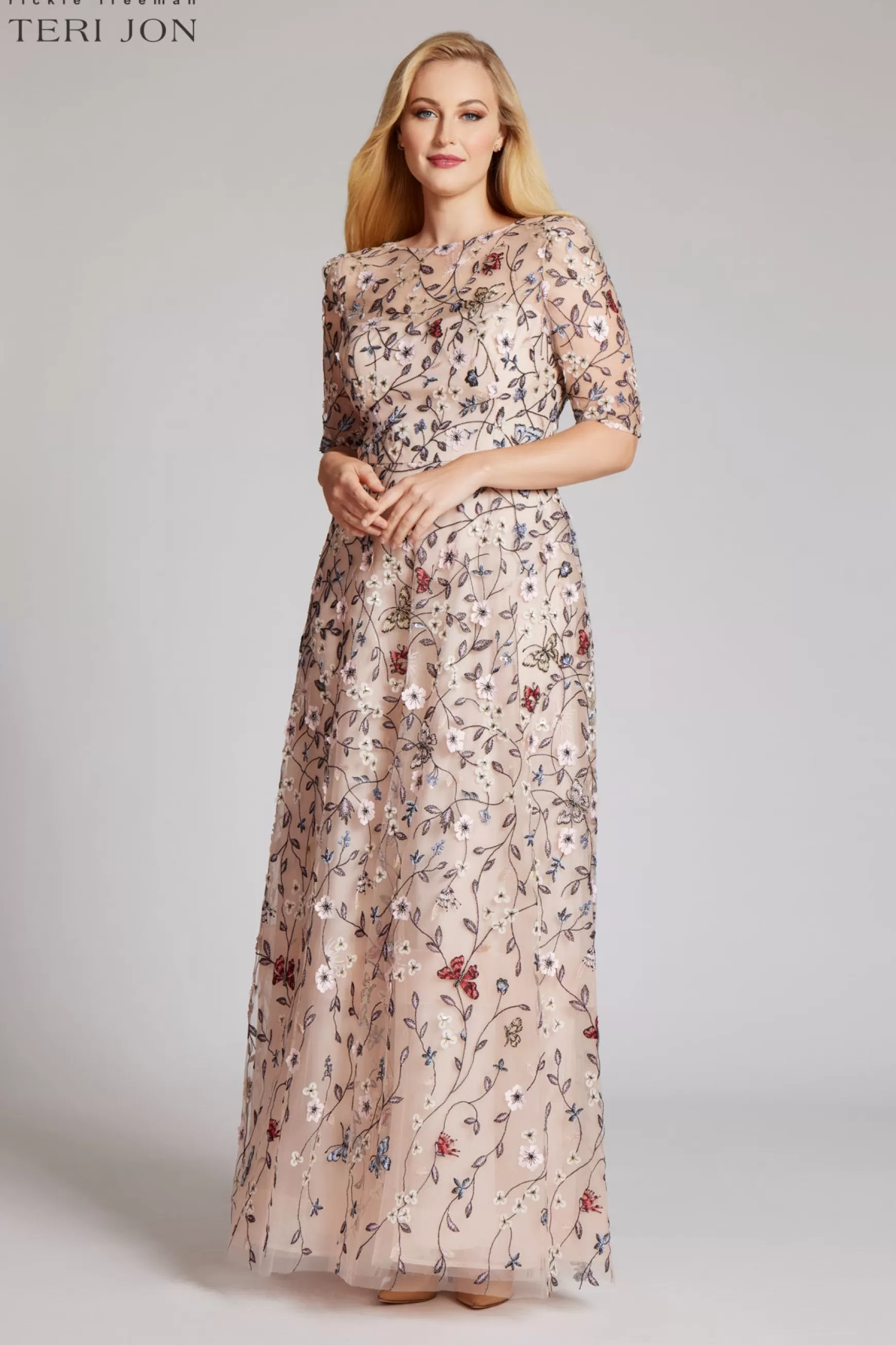 Plus Size Dresses | Evening & Formal Gowns*Teri Jon Overlay Gown With 3D Embroidered Florals blush-multi | navy-multi