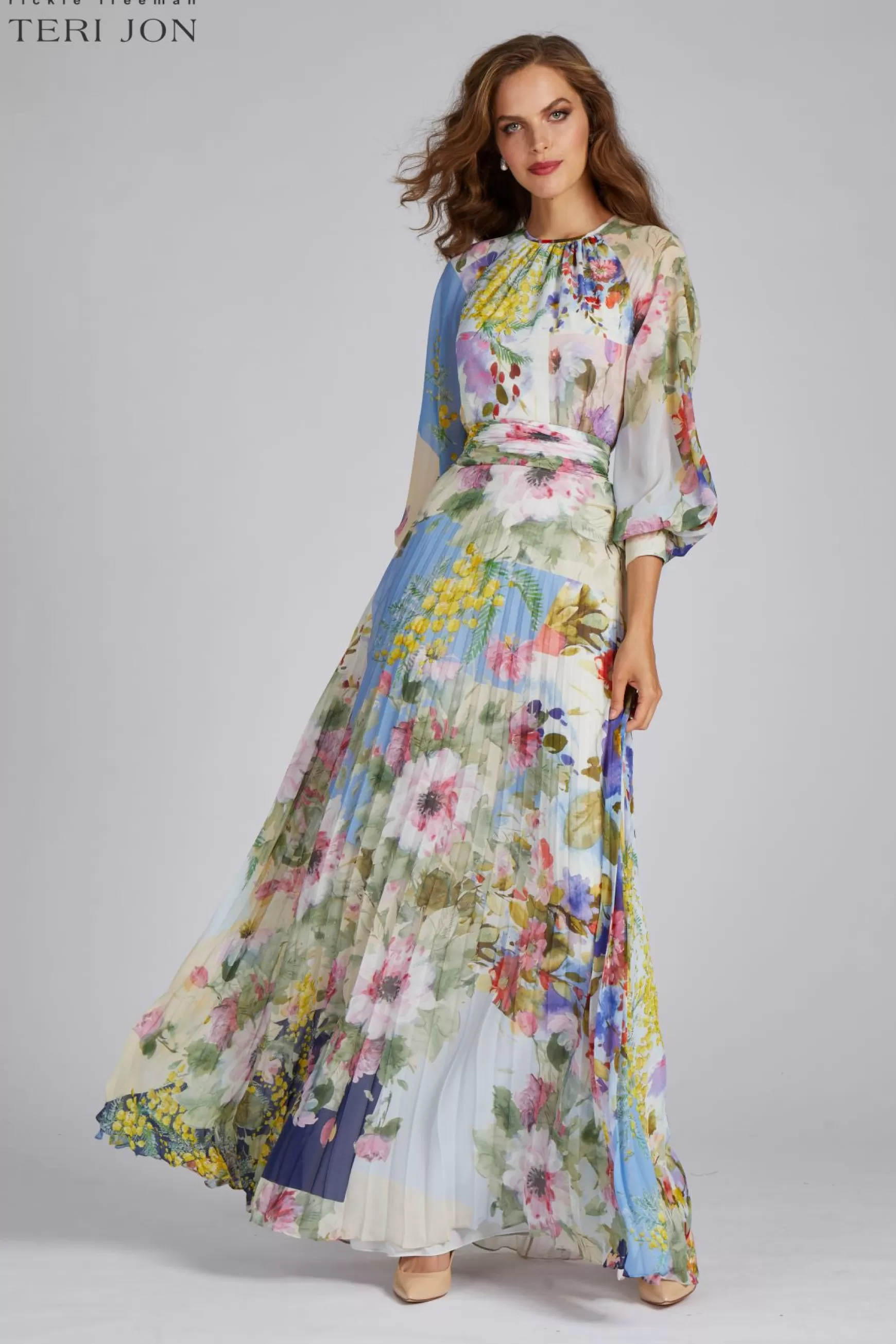 Plus Size Dresses | Evening & Formal Gowns*Teri Jon Patchwork Print Pleated Chiffon Maxi Gown Multi