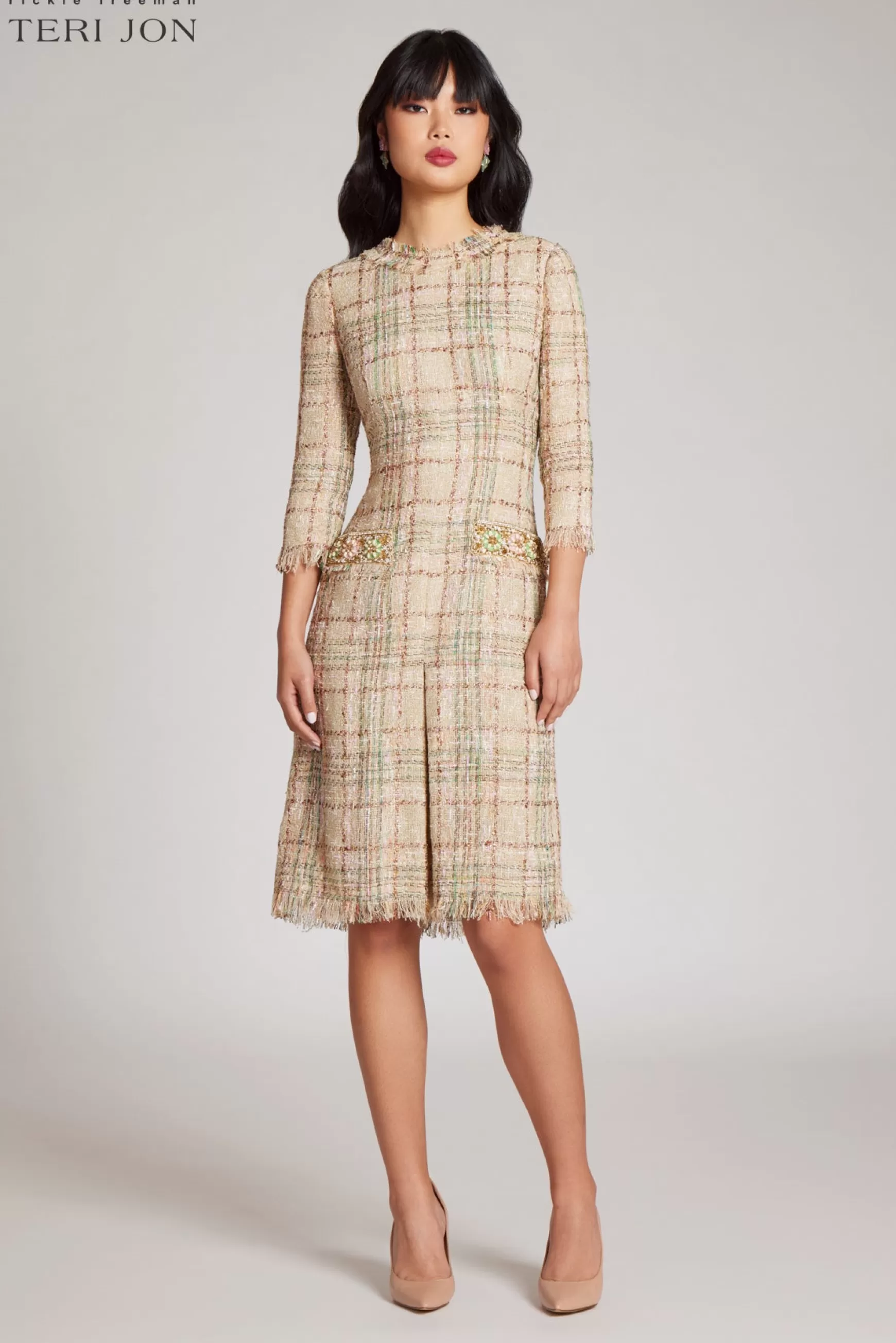 Guest of Wedding | Cocktail & Party Dresses*Teri Jon Plaid Pattern Tweed Jewel Neckline 3/4 Sleeve Dress Beige Multi