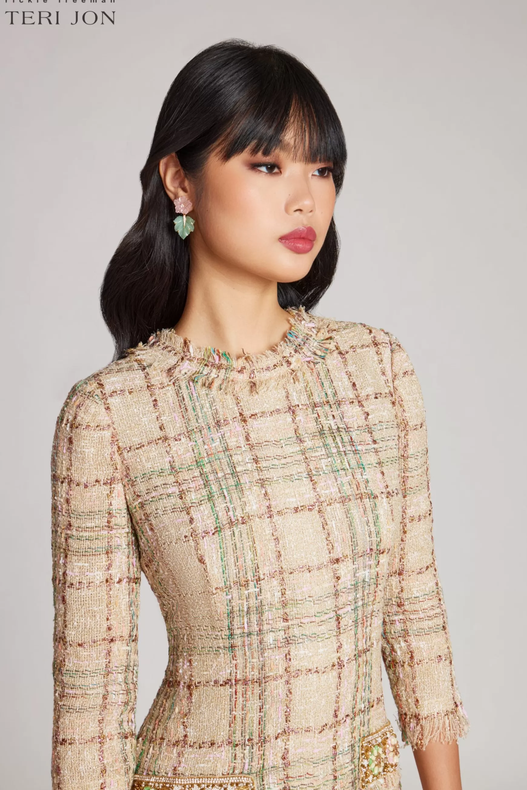 Guest of Wedding | Cocktail & Party Dresses*Teri Jon Plaid Pattern Tweed Jewel Neckline 3/4 Sleeve Dress Beige Multi