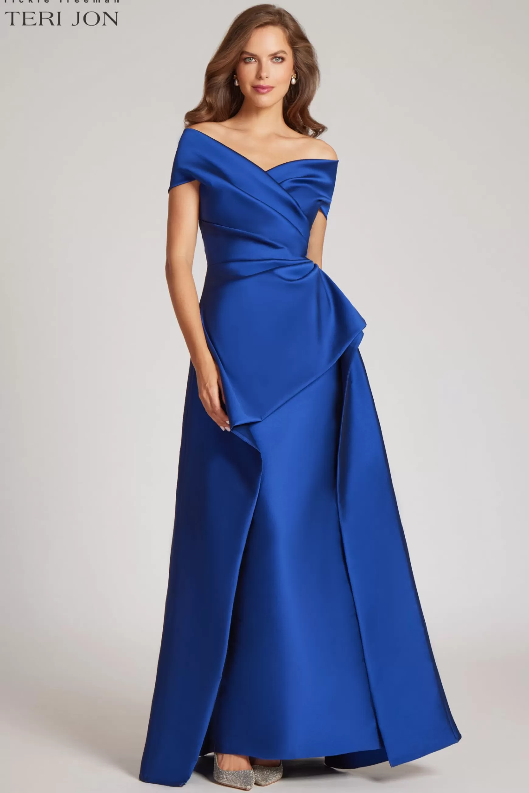 Evening & Formal Gowns*Teri Jon Mikado Stretch Gown With Overskirt Royal Blue