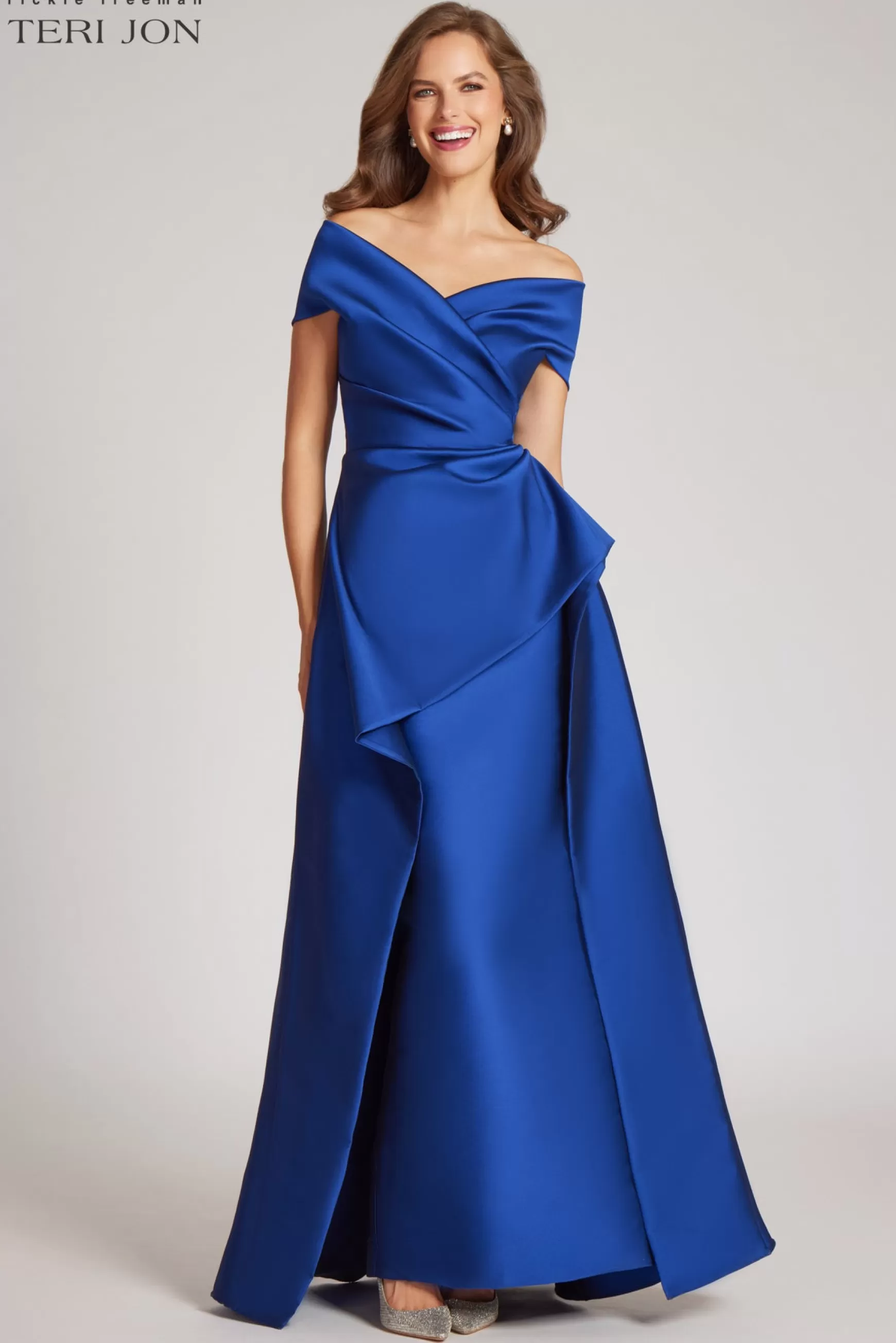 Evening & Formal Gowns*Teri Jon Mikado Stretch Gown With Overskirt Royal Blue