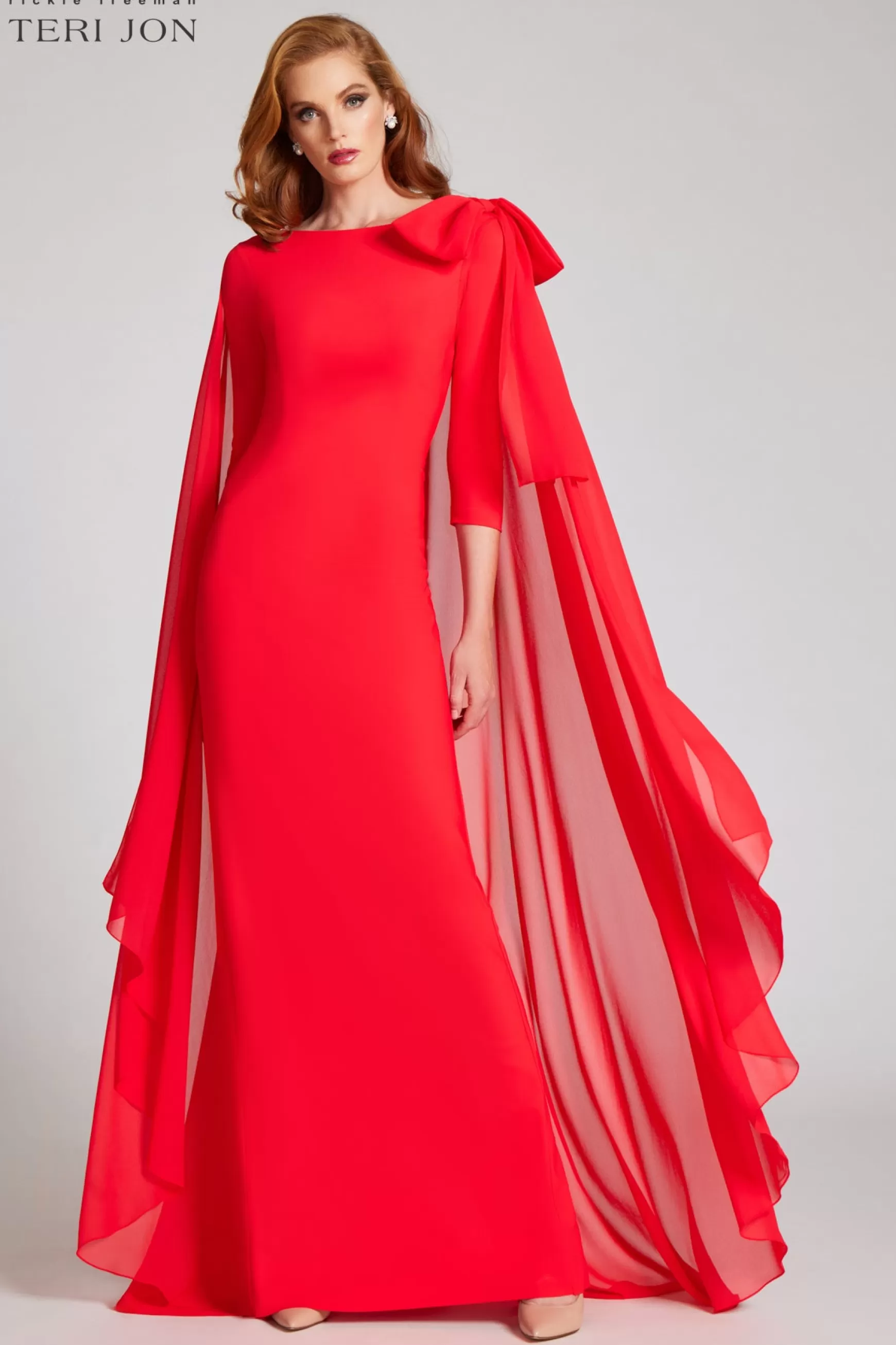 Coming Soon | Evening & Formal Gowns*Teri Jon Scuba Column Bow Shoulder Gown Tomato Red