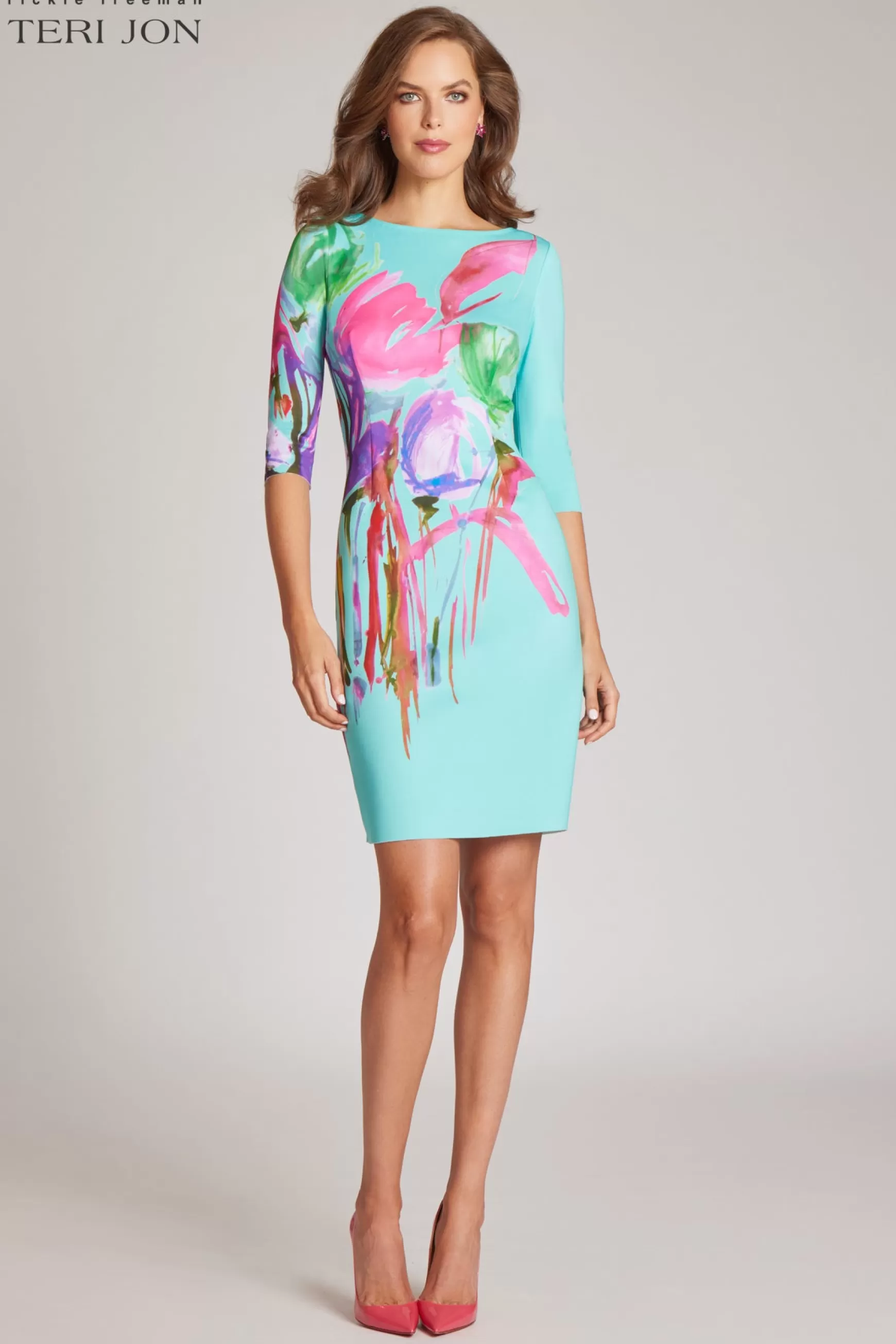 Coming Soon | Cocktail & Party Dresses*Teri Jon Scuba Floral Border Mini Dress Aqua Multi