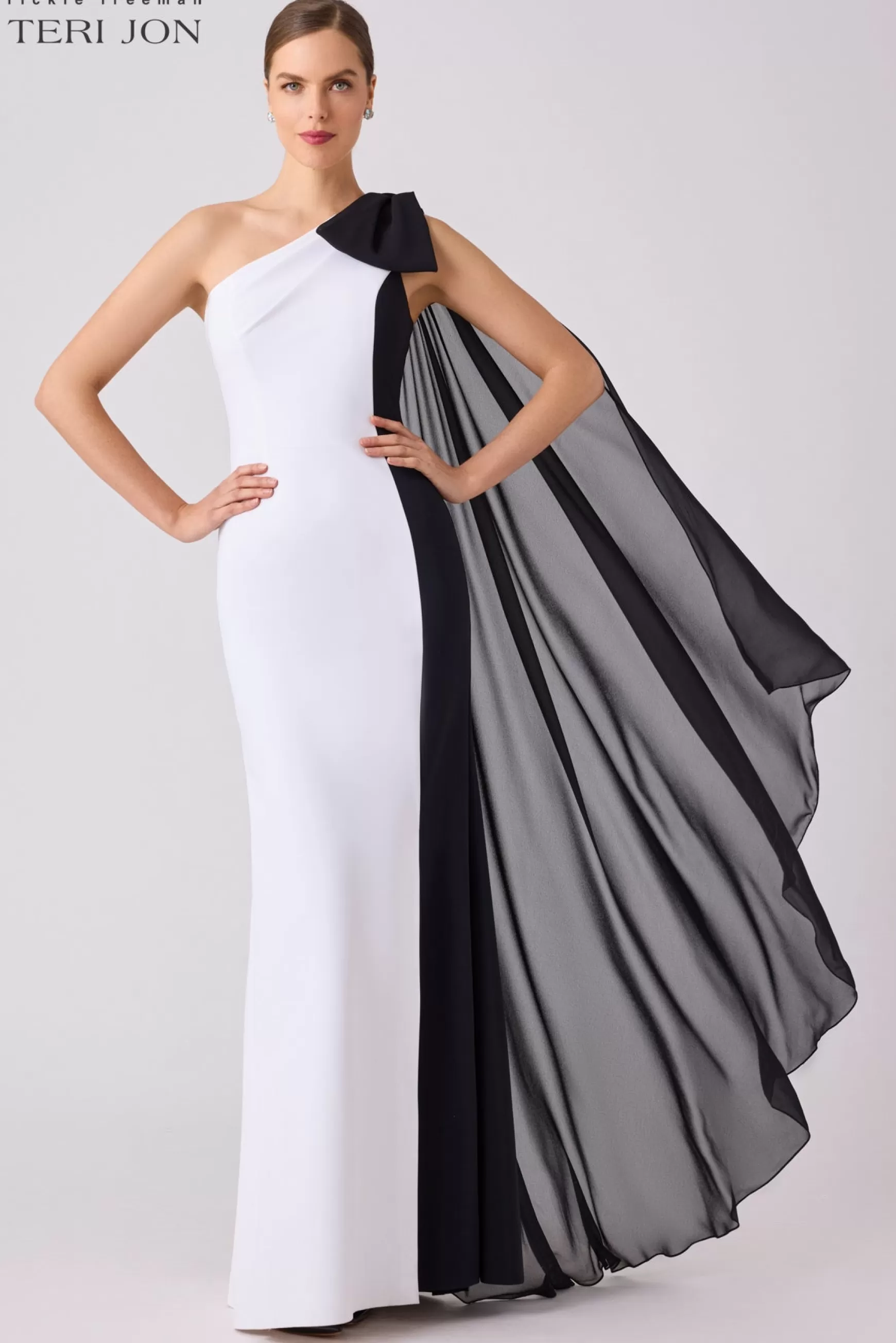 Evening & Formal Gowns | Guest of Wedding*Teri Jon Scuba Gown With Bow Shoulder Black White