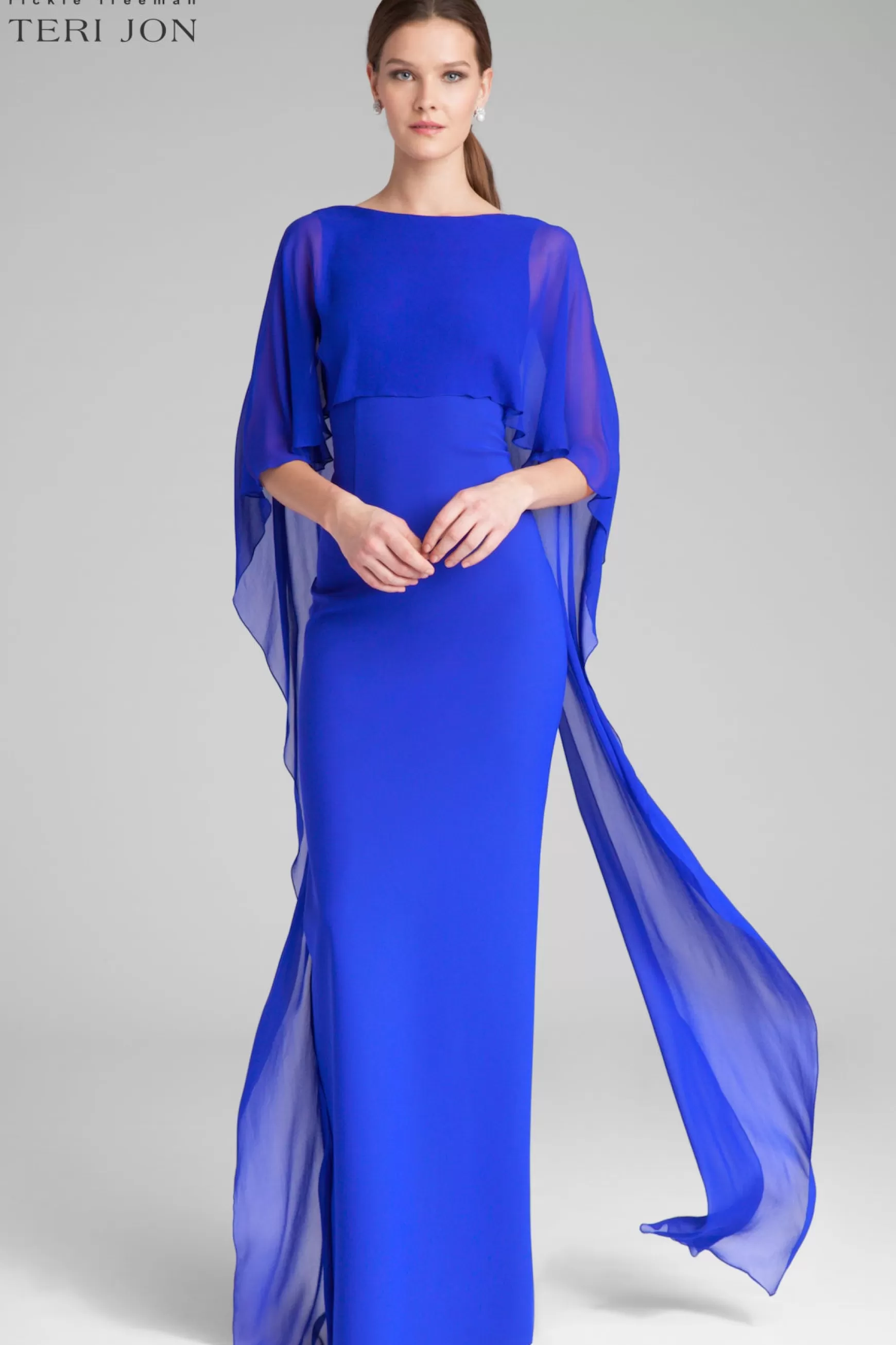 Plus Size Dresses | Evening & Formal Gowns*Teri Jon Scuba Gown With Chiffon Cape cobalt | lipstick-pink | navy