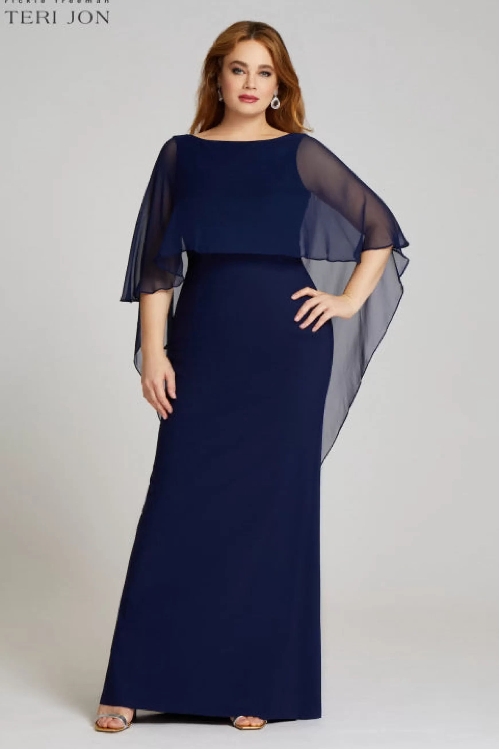 Plus Size Dresses | Evening & Formal Gowns*Teri Jon Scuba Gown With Chiffon Cape cobalt | lipstick-pink | navy