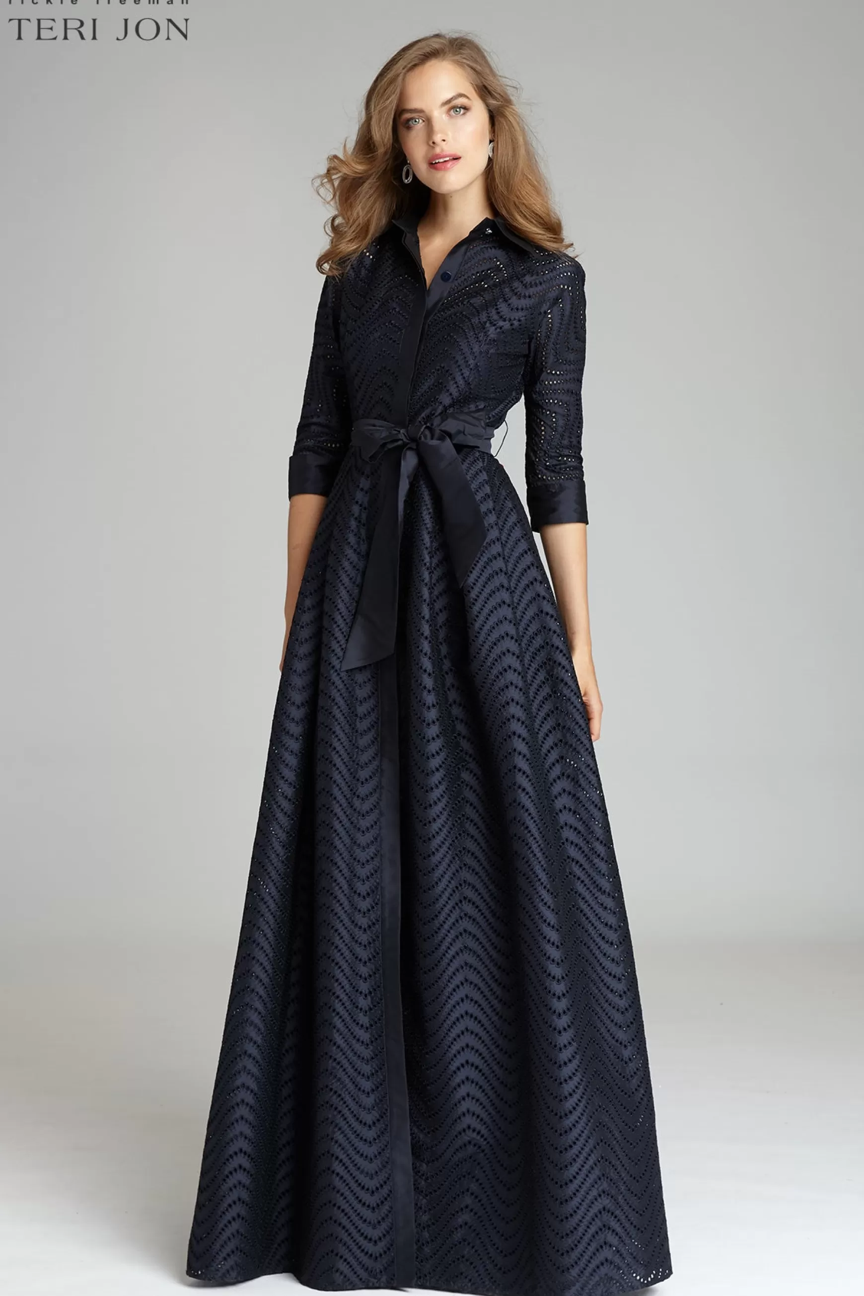 Plus Size Dresses | Evening & Formal Gowns*Teri Jon Shirt Waist Taffeta Chevron Pattern Eyelet Gown navy | teal