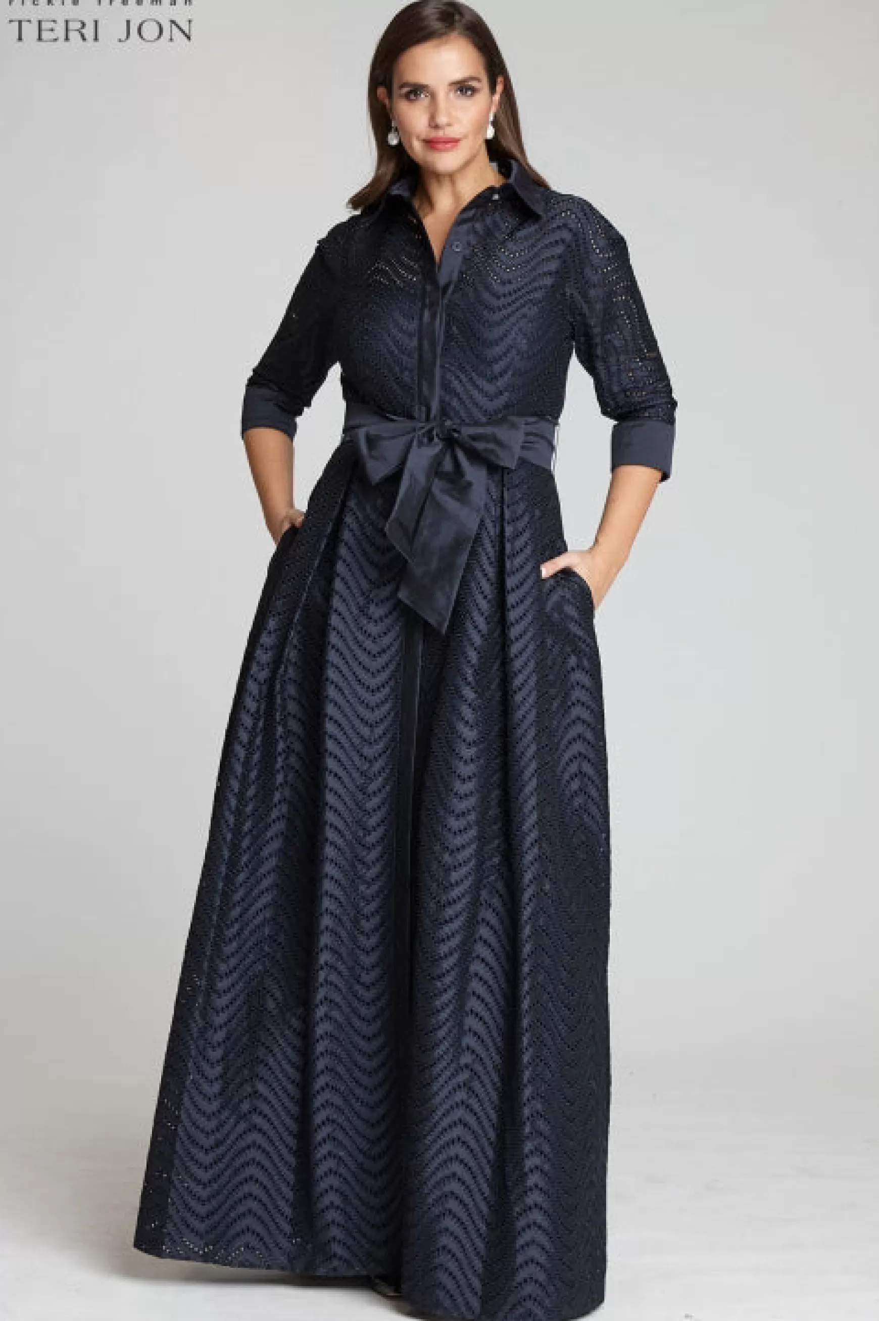 Plus Size Dresses | Evening & Formal Gowns*Teri Jon Shirt Waist Taffeta Chevron Pattern Eyelet Gown navy | teal