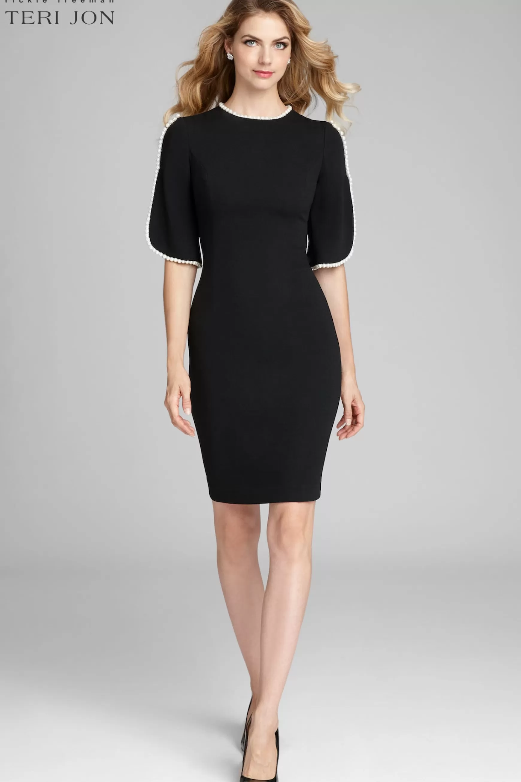 The Little Black Dress | Plus Size Dresses*Teri Jon Short Sleeve Pearl Trim Crepe Sheath Dress periwinkle | black | navy