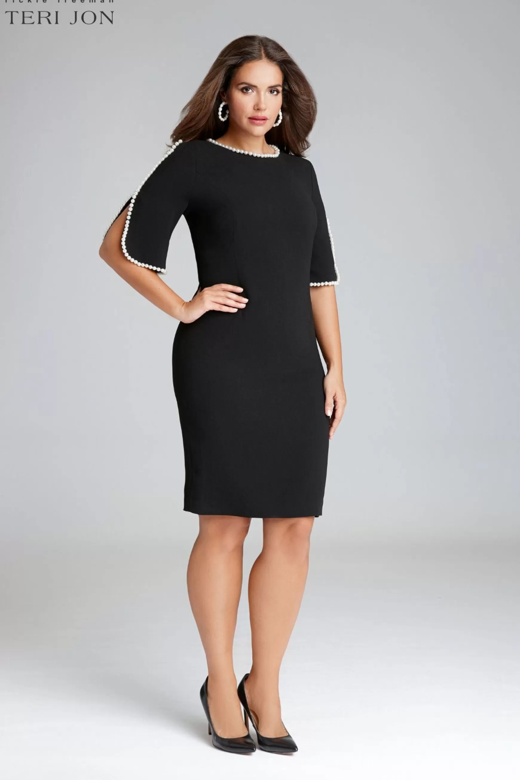 The Little Black Dress | Plus Size Dresses*Teri Jon Short Sleeve Pearl Trim Crepe Sheath Dress periwinkle | black | navy