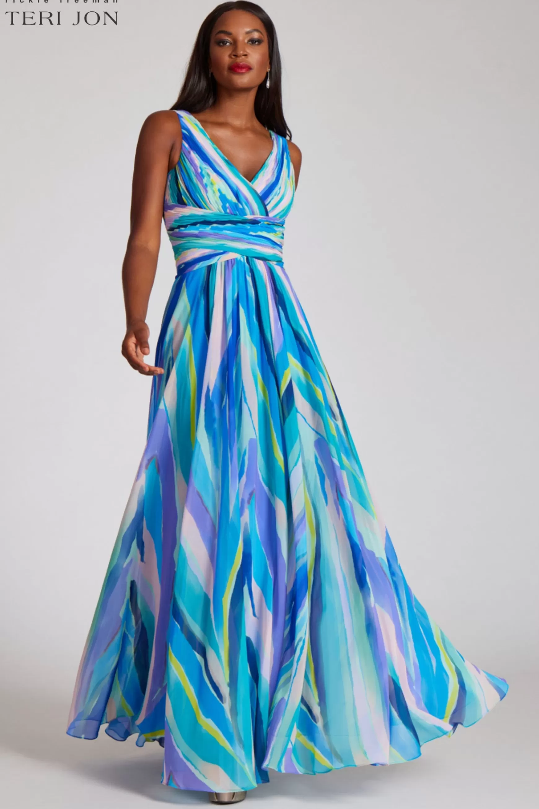 Guest of Wedding*Teri Jon Sleeveless V-Neck Draped Bodice Chiffon Gown multi | blue-multi