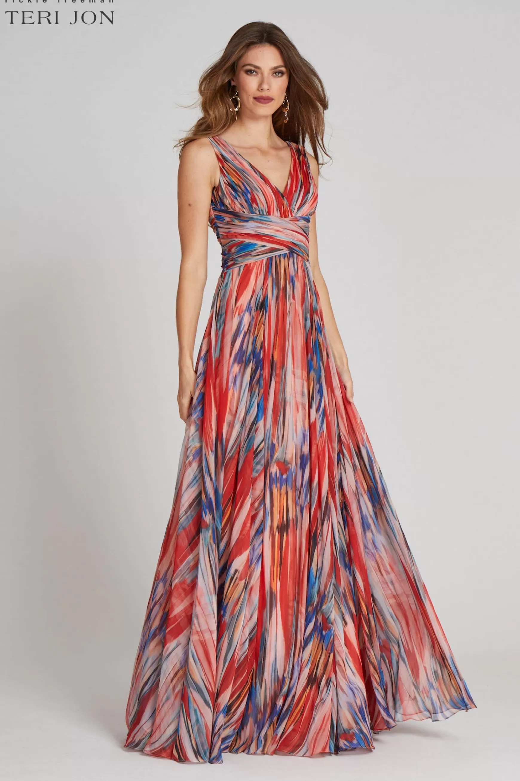 Guest of Wedding*Teri Jon Sleeveless V-Neck Draped Bodice Chiffon Gown multi | blue-multi