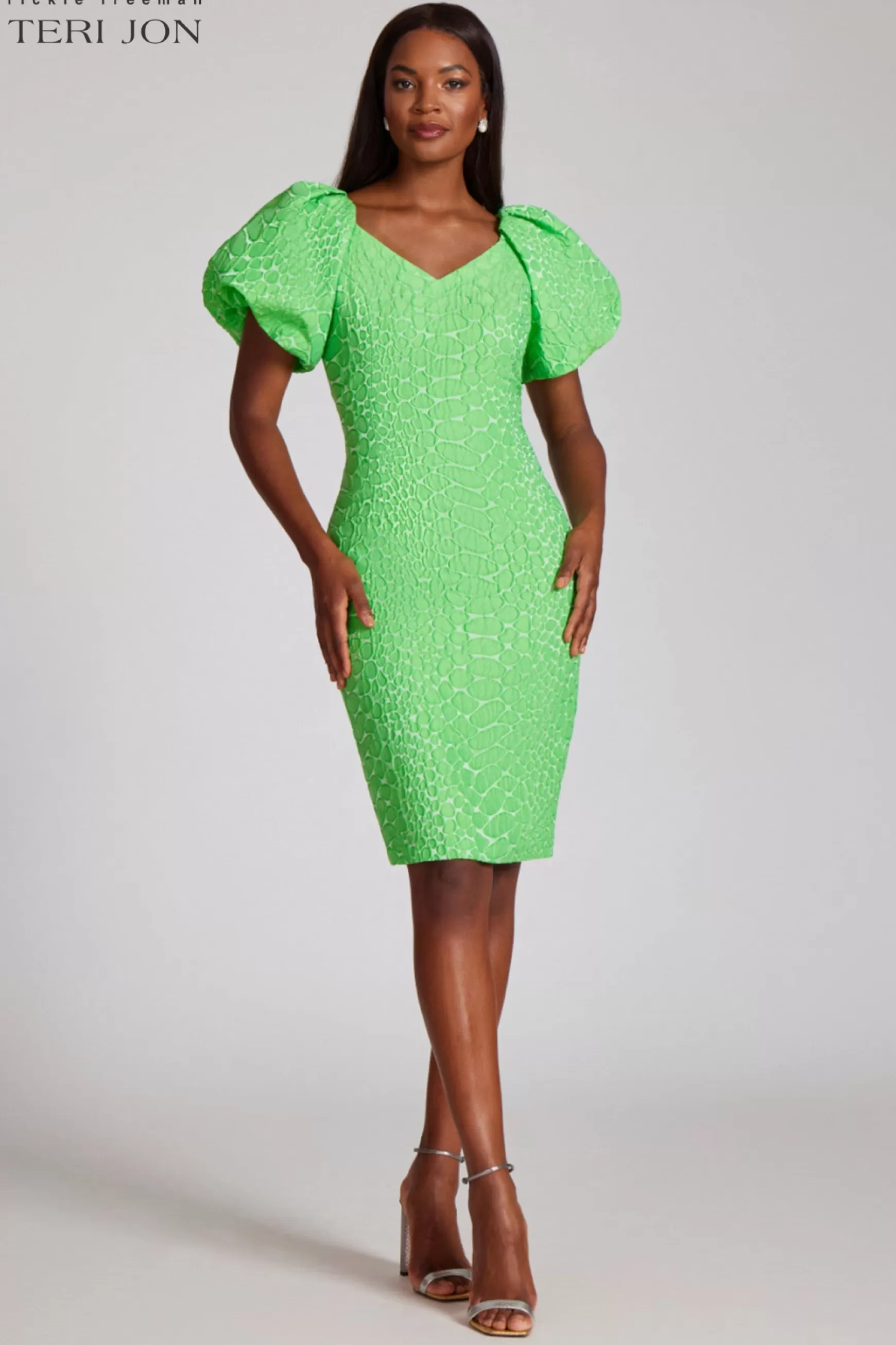 Coming Soon | Cocktail & Party Dresses*Teri Jon Solid Jacquard Puff Sleeve Sheath Dress Lime