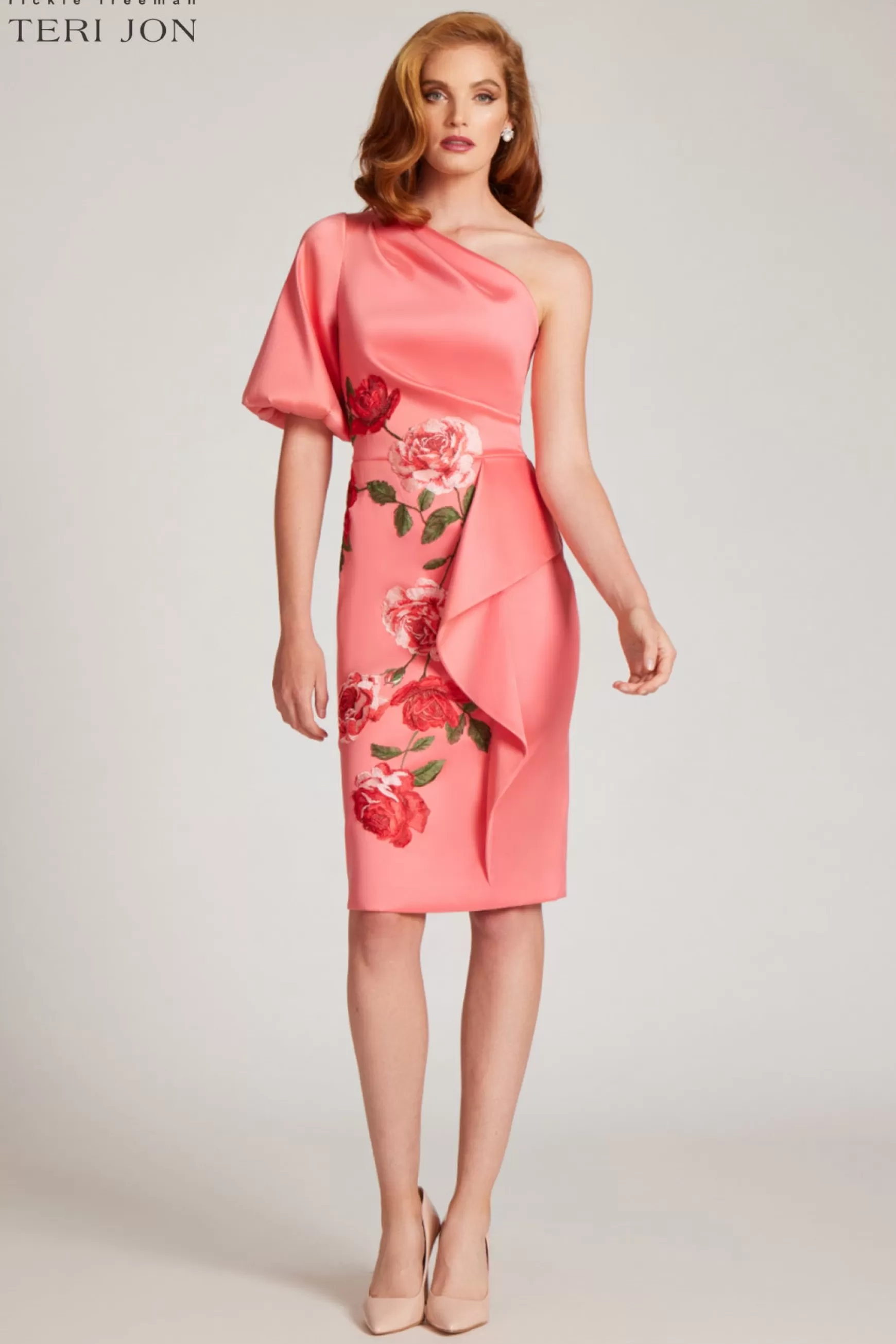 Coming Soon | Guest of Wedding*Teri Jon Stretch Gazar One Shoulder Puff Sleeve Dress Coral