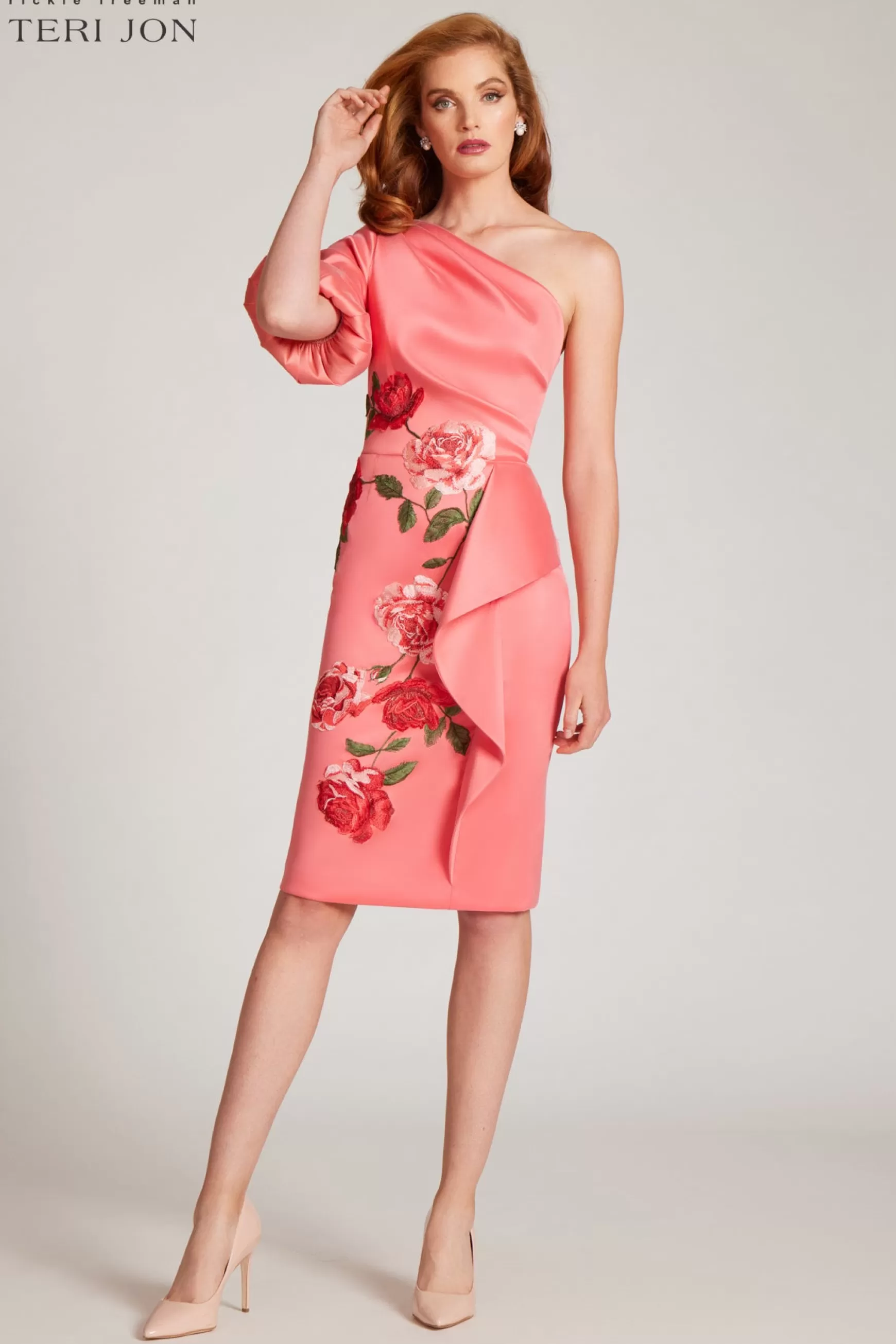 Coming Soon | Guest of Wedding*Teri Jon Stretch Gazar One Shoulder Puff Sleeve Dress Coral