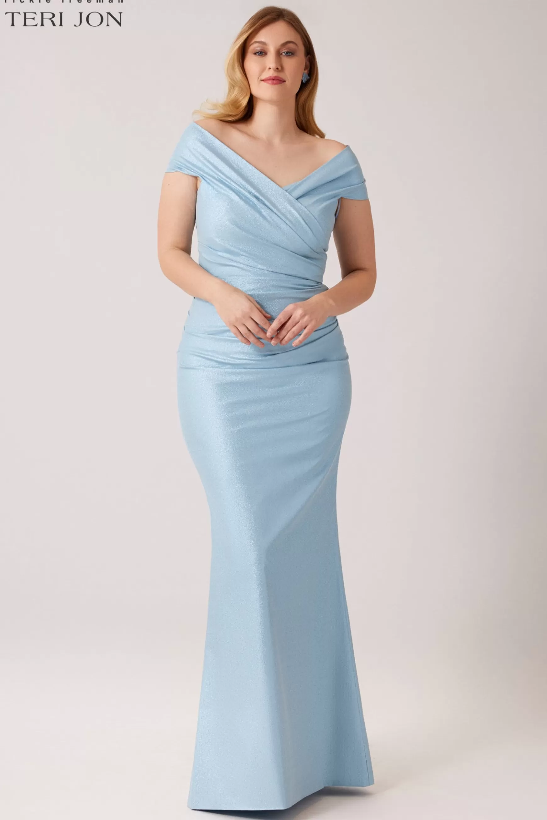 Evening & Formal Gowns*Teri Jon Stretch Metallic Taffeta Off The Shoulder Gown Ice Blue