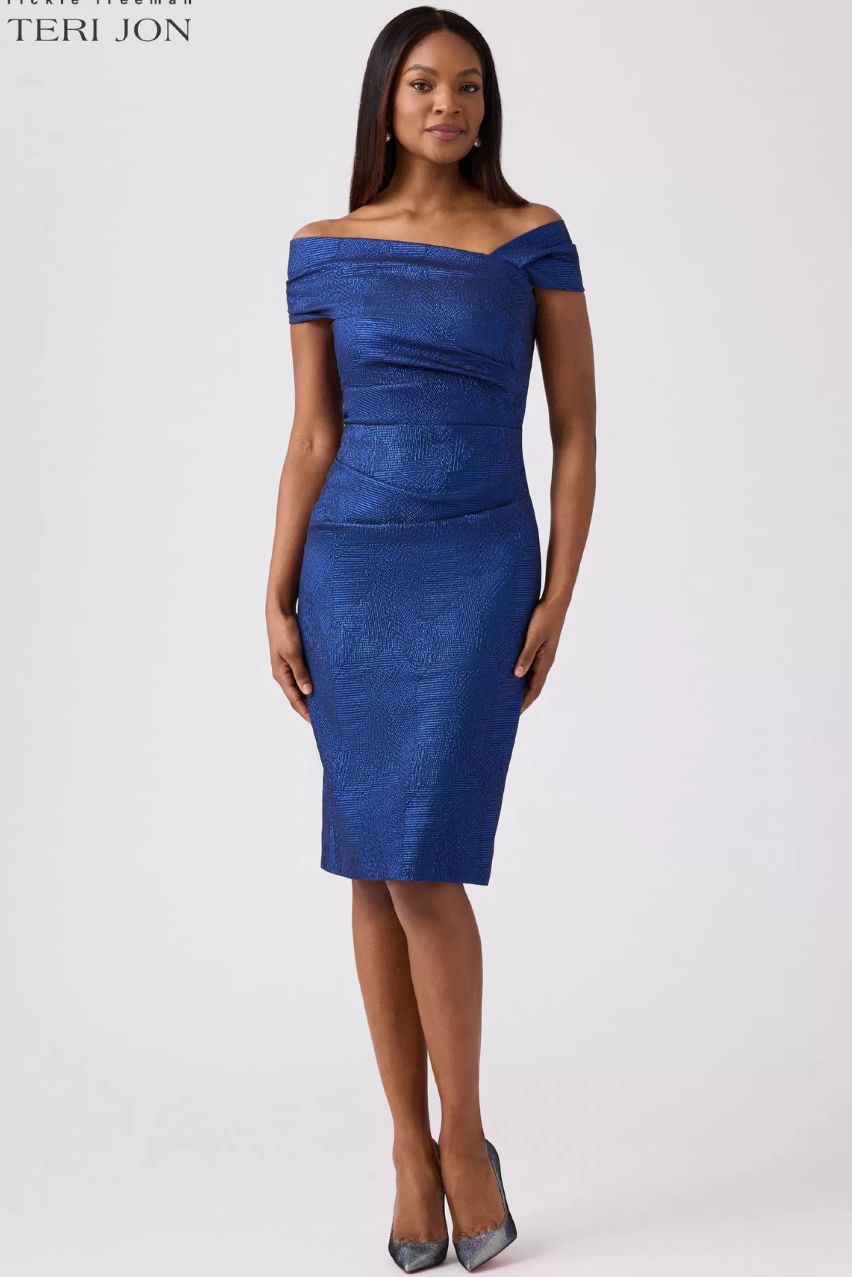 Coming Soon | Cocktail & Party Dresses*Teri Jon Stretch Shimmer Asymmetrical Cocktail Dress Sapphire Black