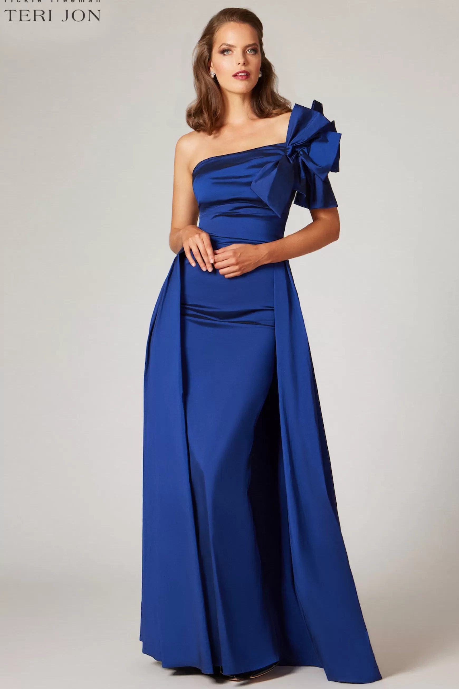 Evening & Formal Gowns*Teri Jon Stretch Taffeta One Shoulder Bow Trim Side Sapphire