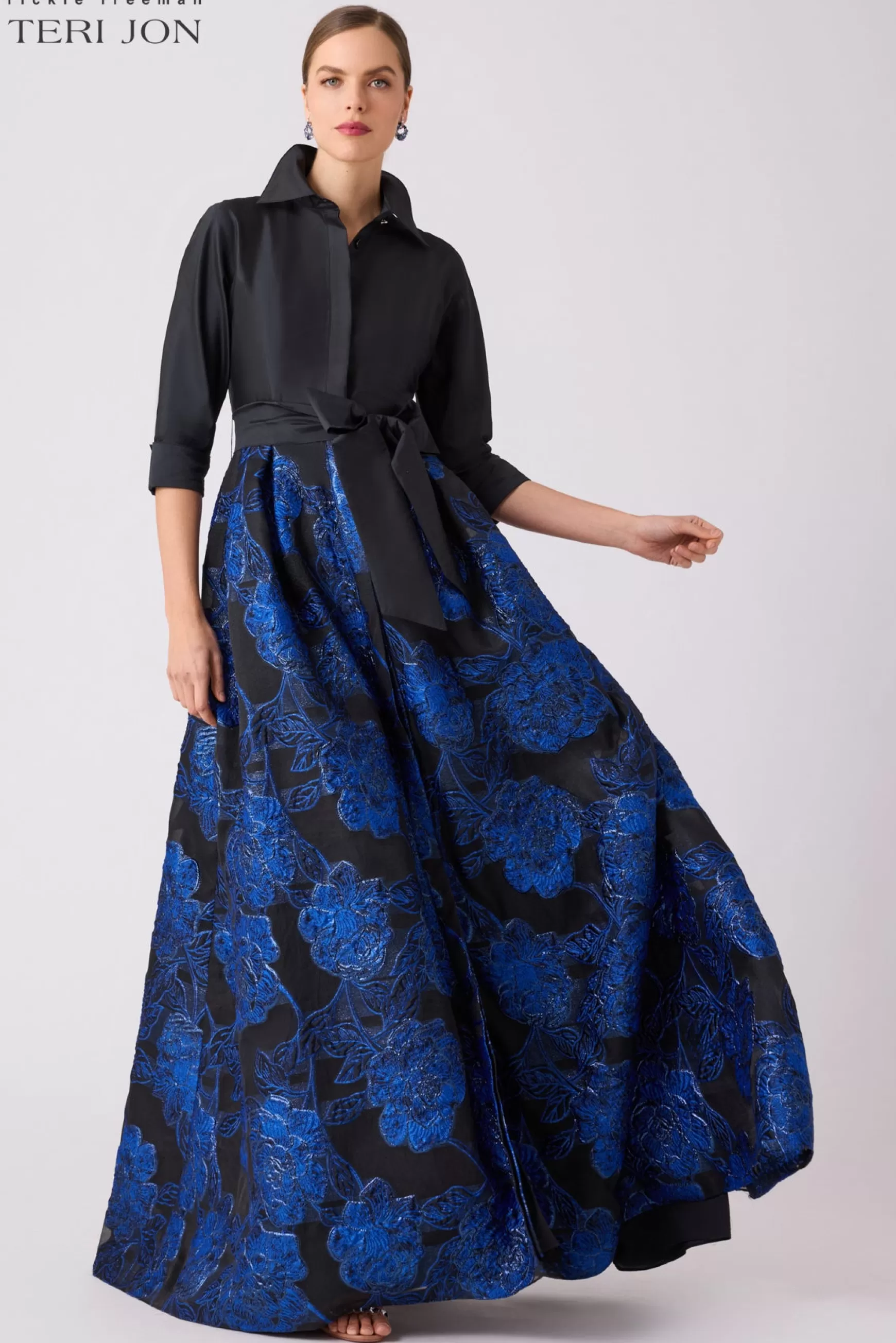 Coming Soon | Evening & Formal Gowns*Teri Jon Taffeta And Jacquard Floral Pattern Shirtdress Black Royal