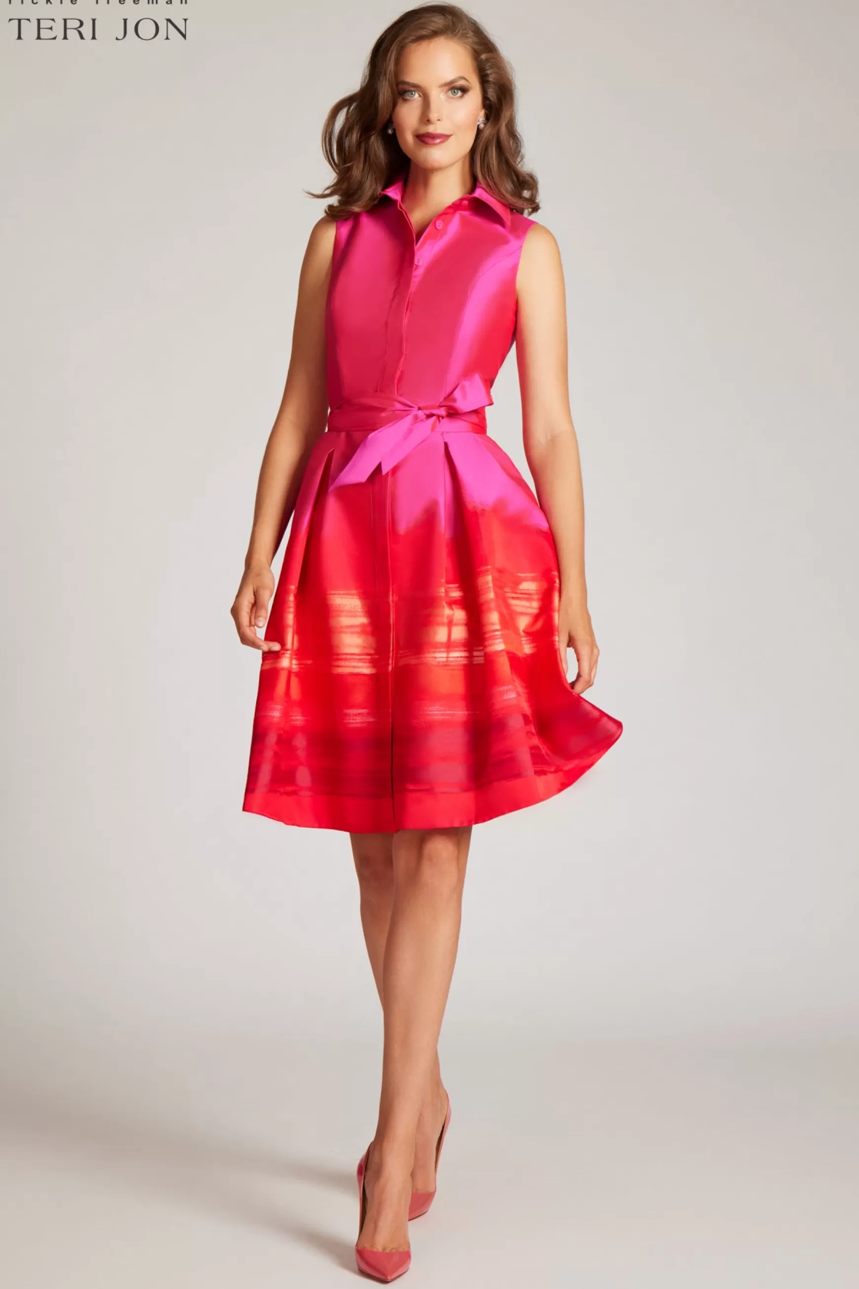 Guest of Wedding | Cocktail & Party Dresses*Teri Jon Taffeta Border Pattern Shirt Dress Hot Pink Multi