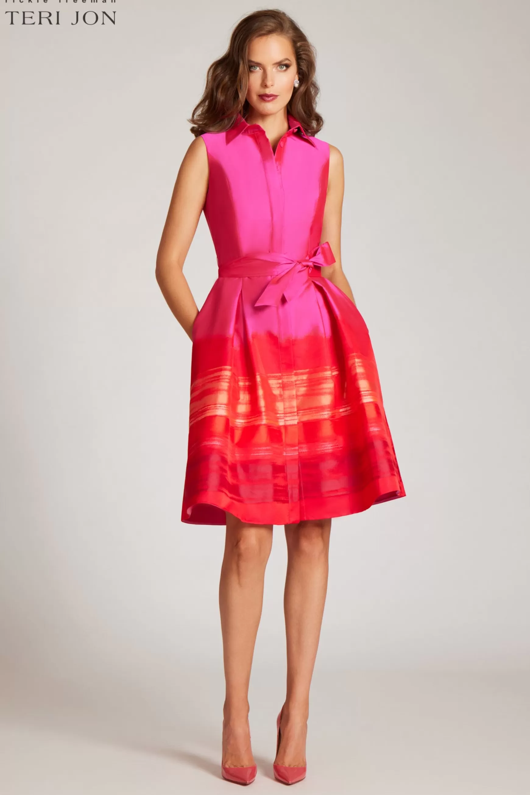 Guest of Wedding | Cocktail & Party Dresses*Teri Jon Taffeta Border Pattern Shirt Dress Hot Pink Multi