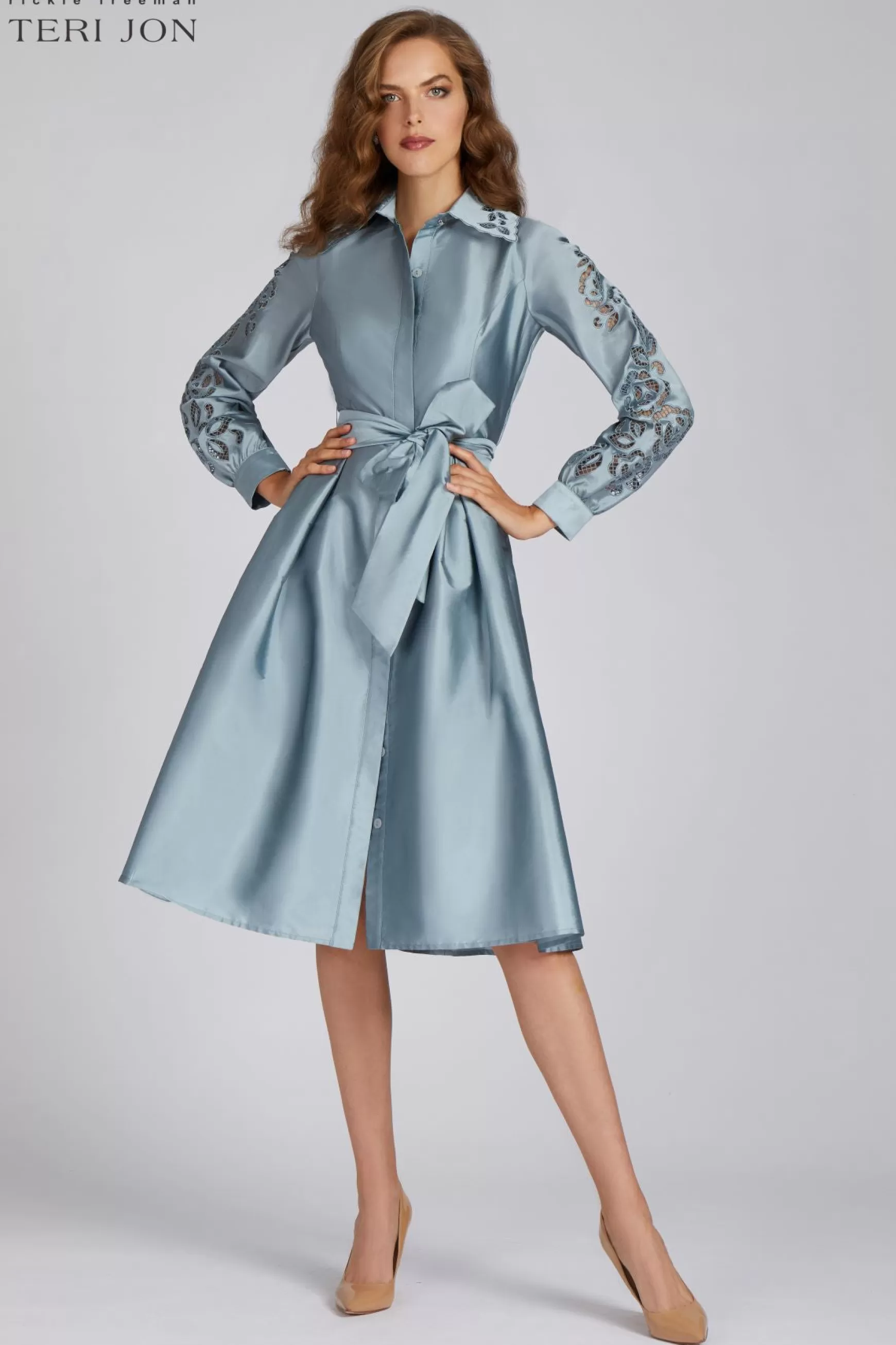 Plus Size Dresses | Guest of Wedding*Teri Jon Taffeta Eyelet Collar And Sleeve Shirt Dress black | slate | electric-blue