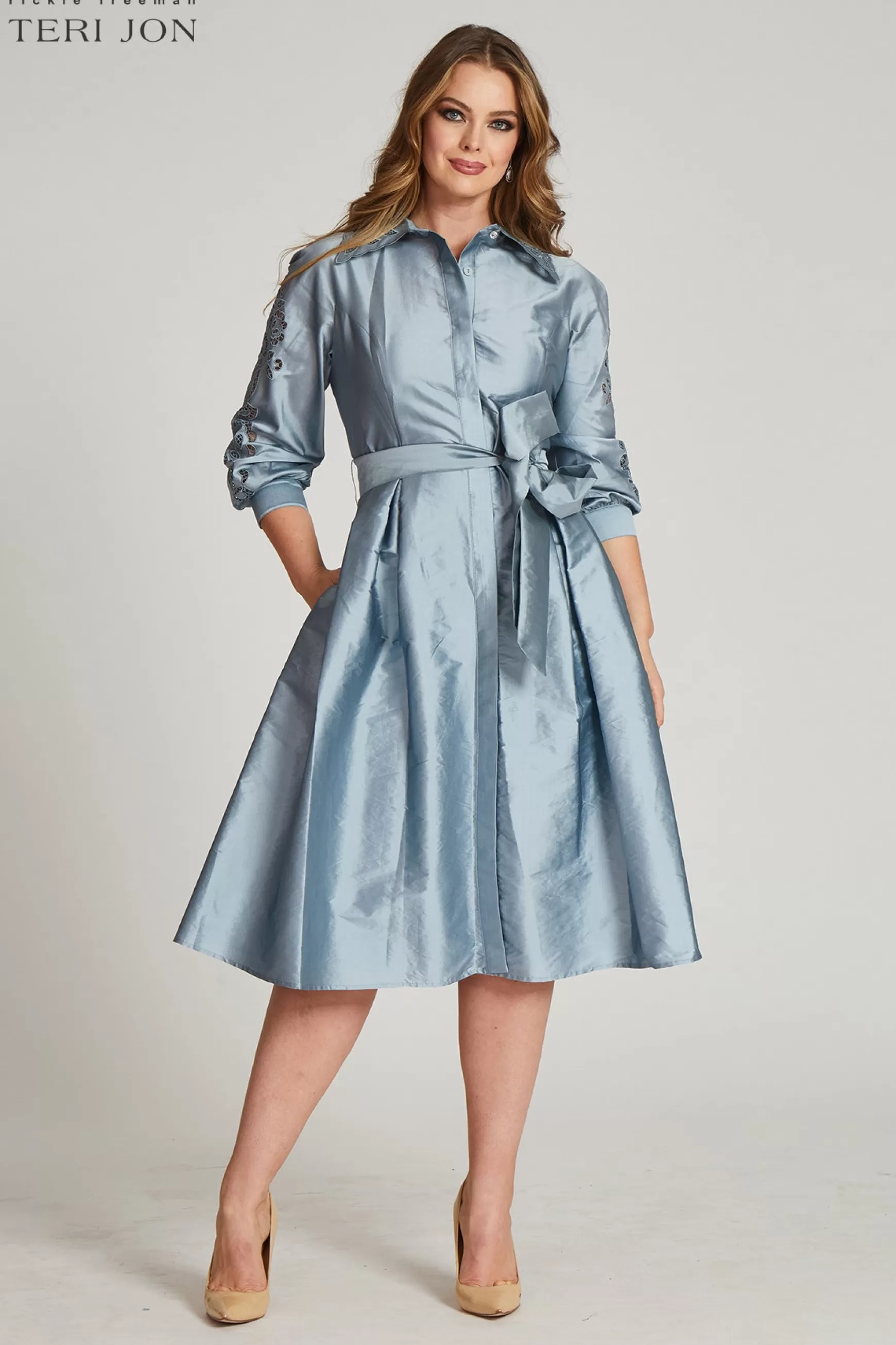 Plus Size Dresses | Guest of Wedding*Teri Jon Taffeta Eyelet Collar And Sleeve Shirt Dress black | slate | electric-blue