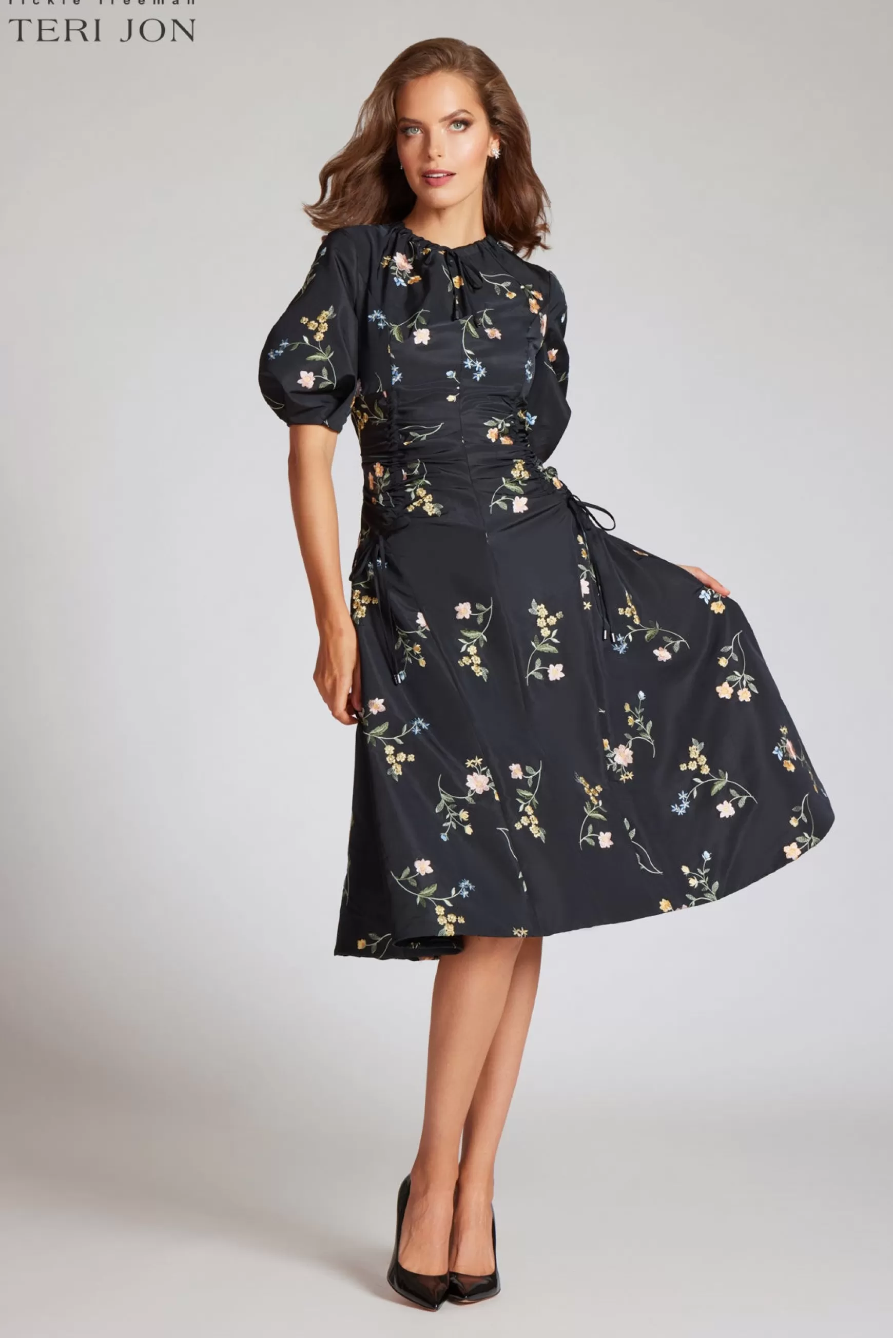 Guest of Wedding | Cocktail & Party Dresses*Teri Jon Taffeta Floral Embroidered Vertical Dress Black Multi