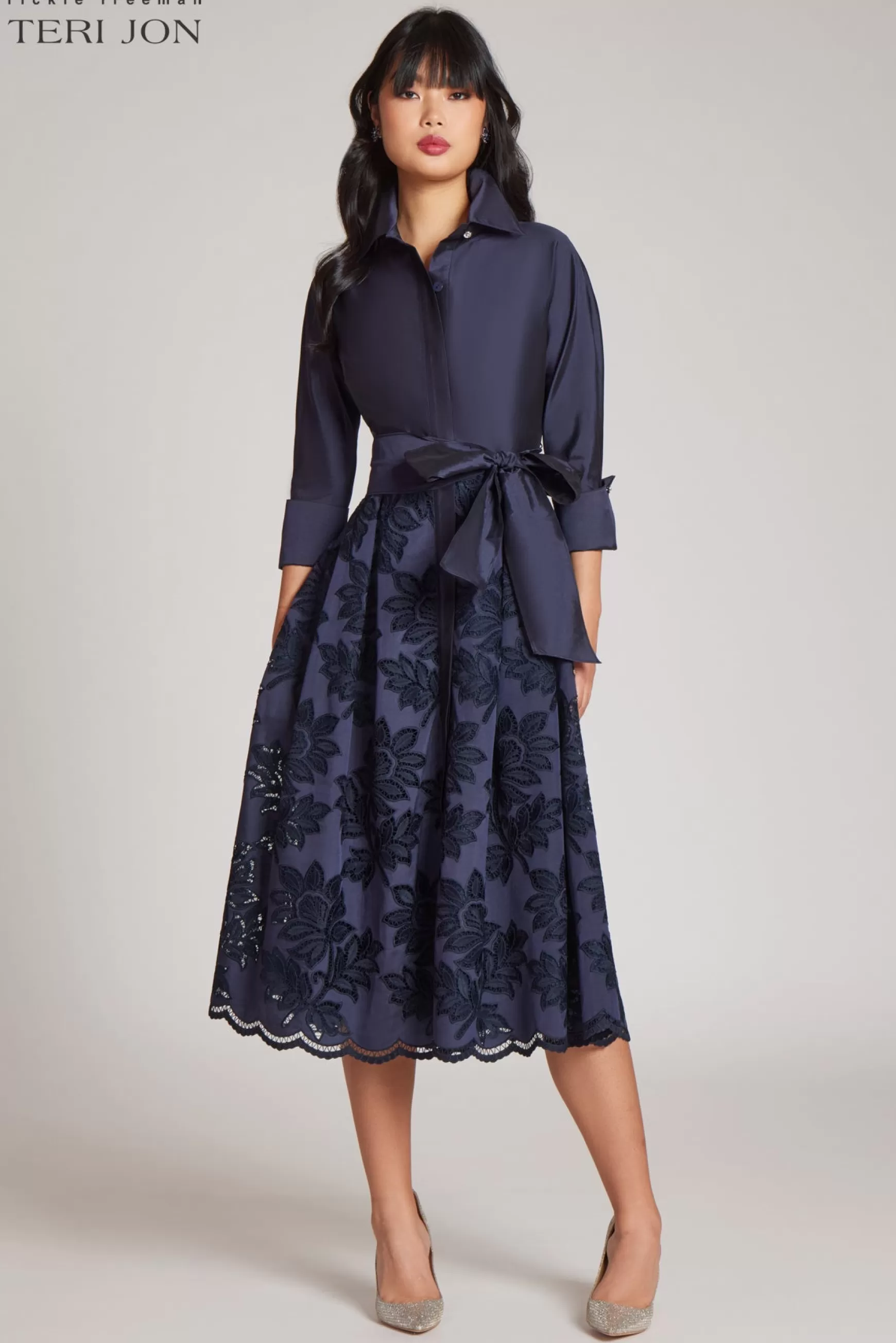 Cocktail & Party Dresses | Rehearsal Dinner*Teri Jon Taffeta Floral Eyelet Shirt Dress navy | hot-pink