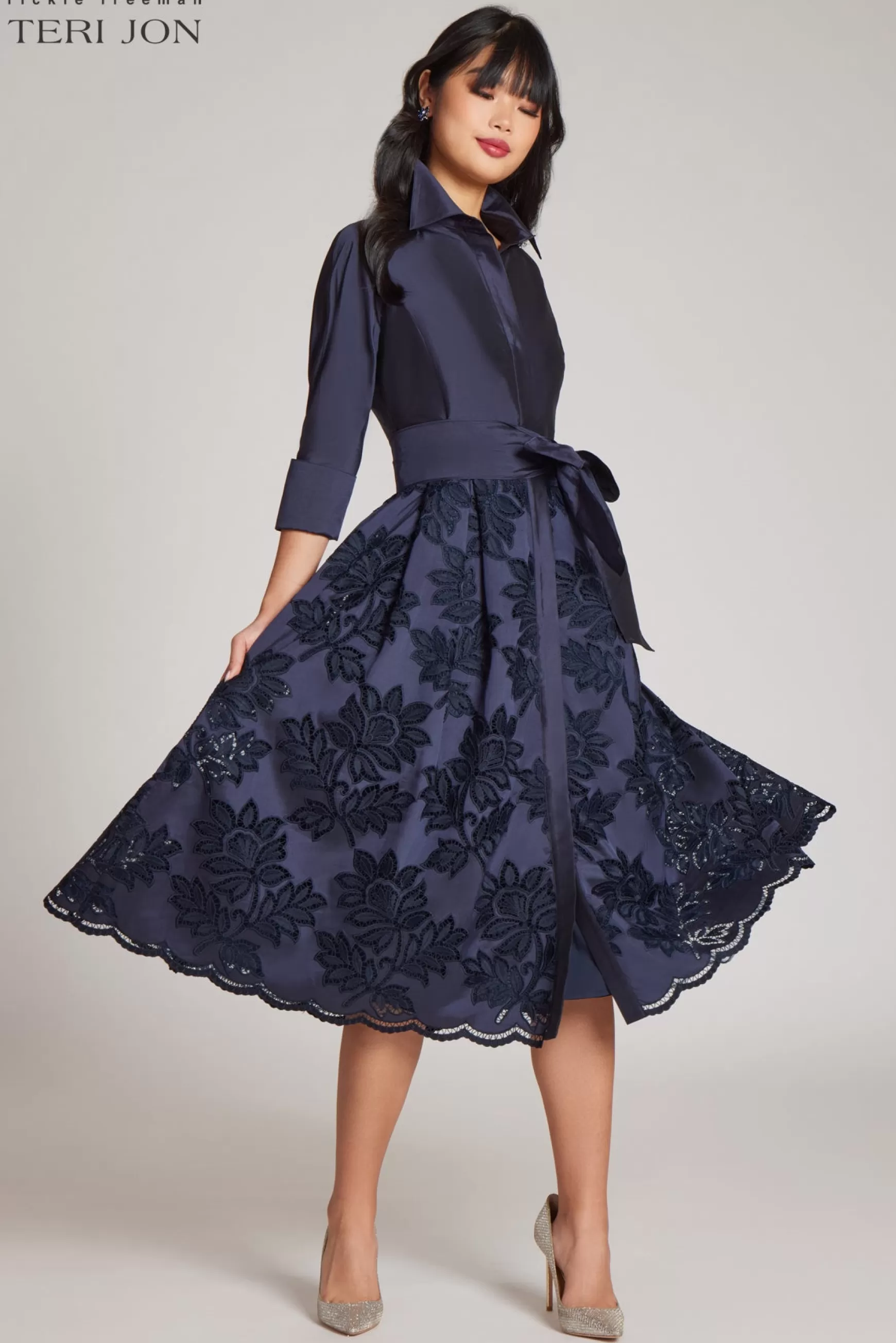 Cocktail & Party Dresses | Rehearsal Dinner*Teri Jon Taffeta Floral Eyelet Shirt Dress navy | hot-pink