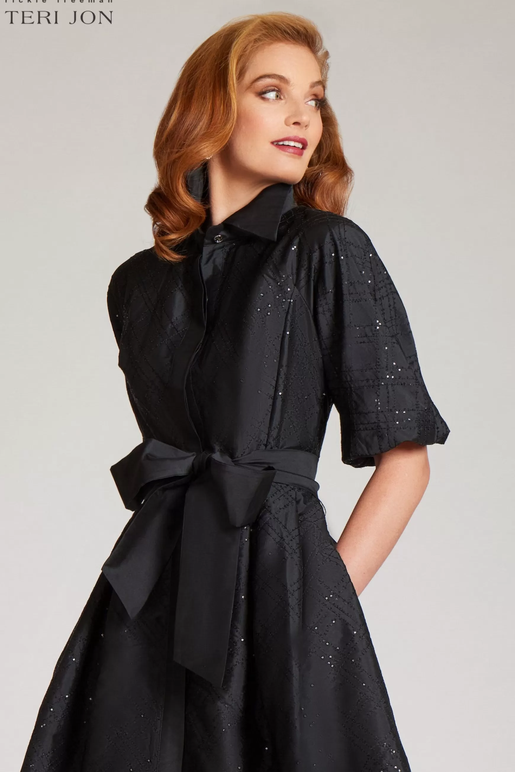 The Little Black Dress | Plus Size Dresses*Teri Jon Taffeta Sequin Embellished Puff Sleeve Dress Black