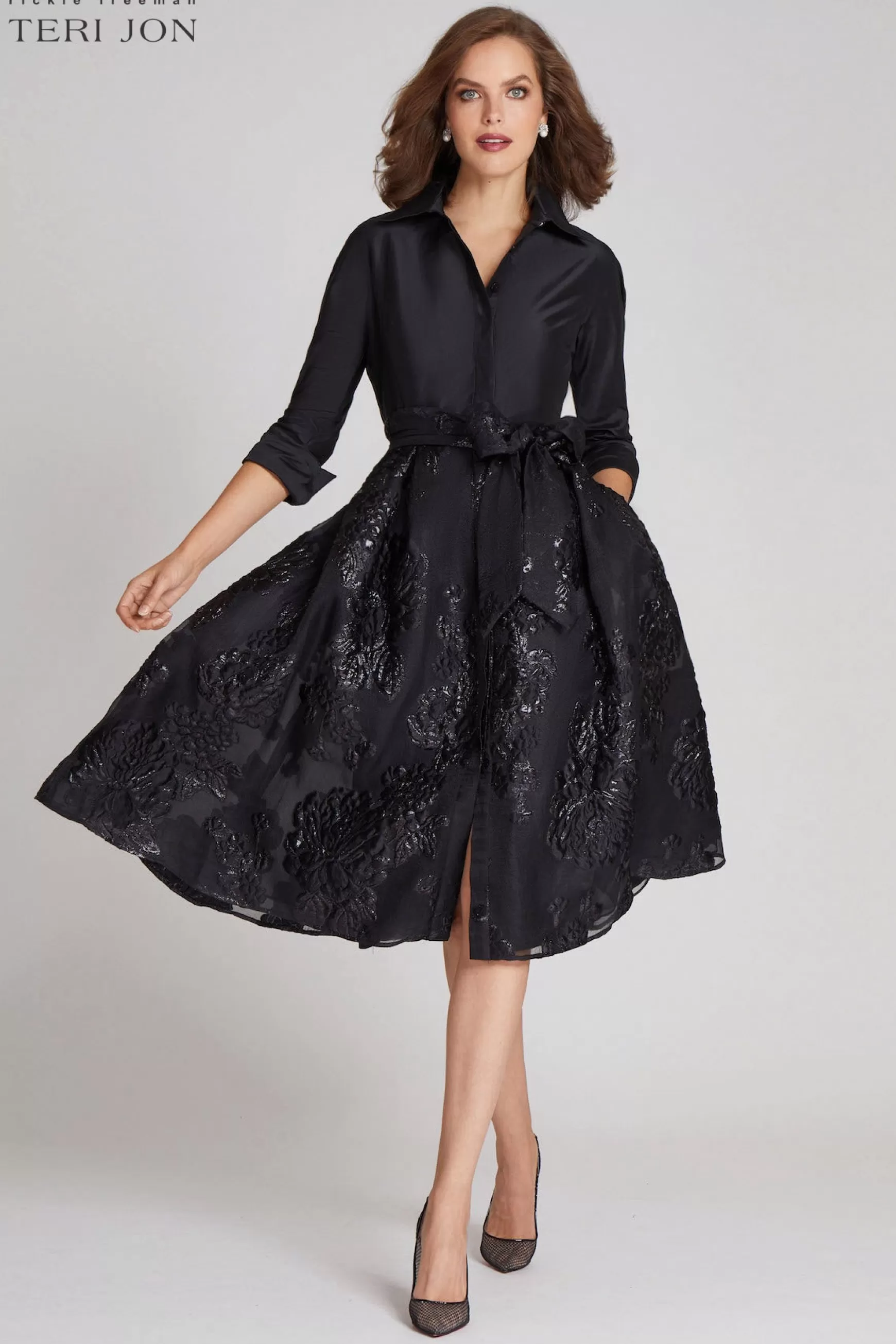 Cocktail & Party Dresses | The Little Black Dress*Teri Jon Taffeta Shirt Dress With Organza Jacquard Skirt Black