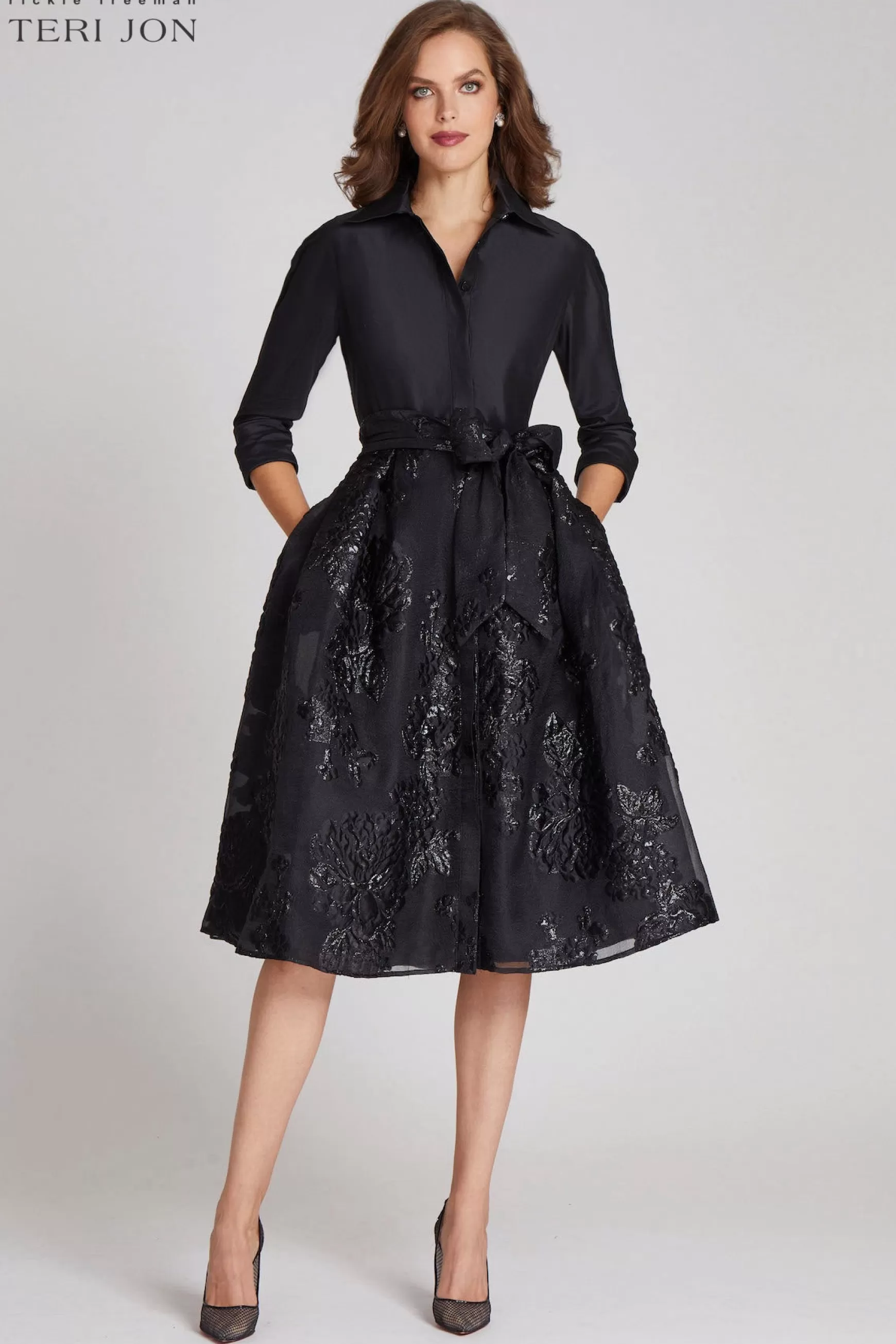 Cocktail & Party Dresses | The Little Black Dress*Teri Jon Taffeta Shirt Dress With Organza Jacquard Skirt Black